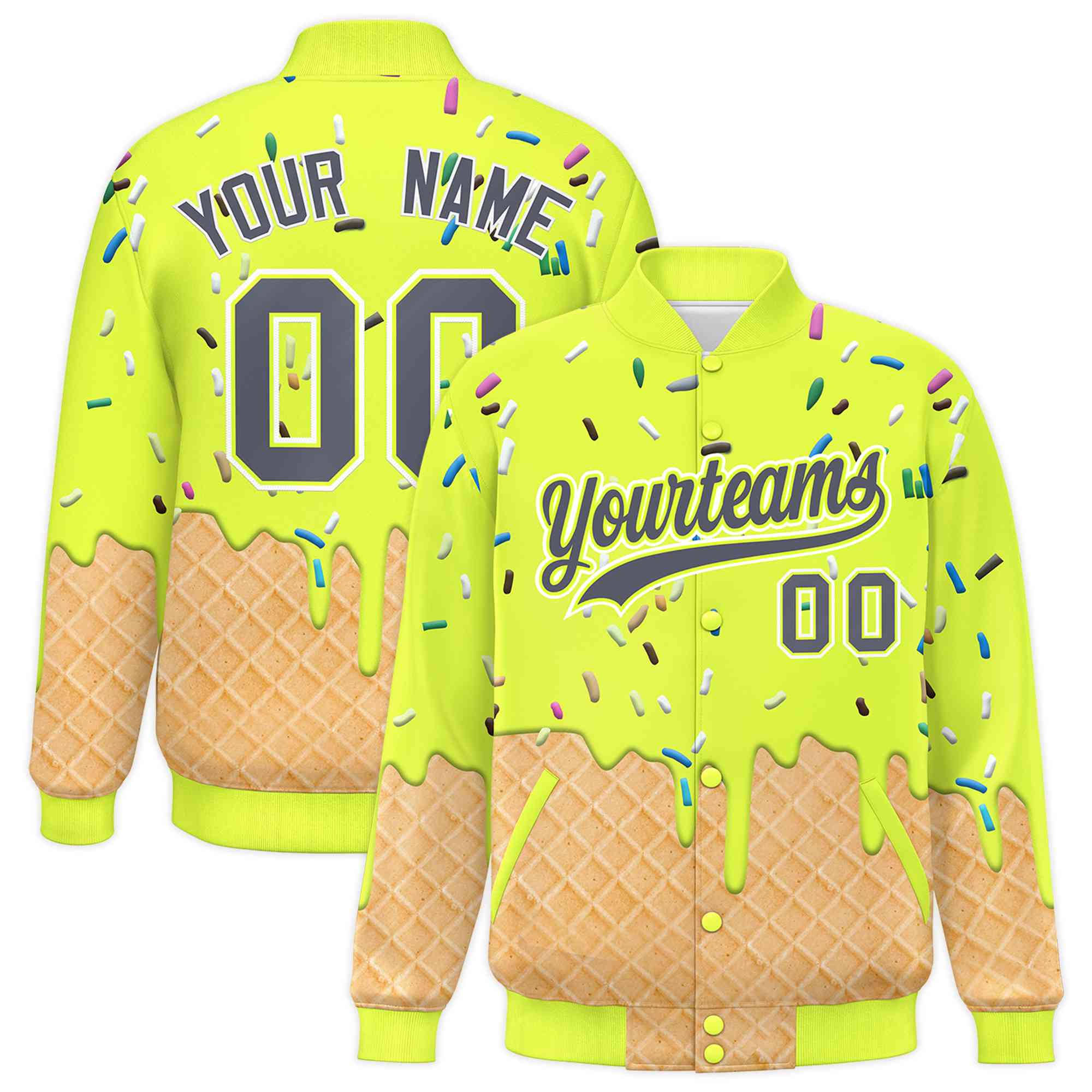 Custom Fluorescent Green Ice Cream Cone Graffiti Pattern Full-Snap Varsity Letterman Jackets
