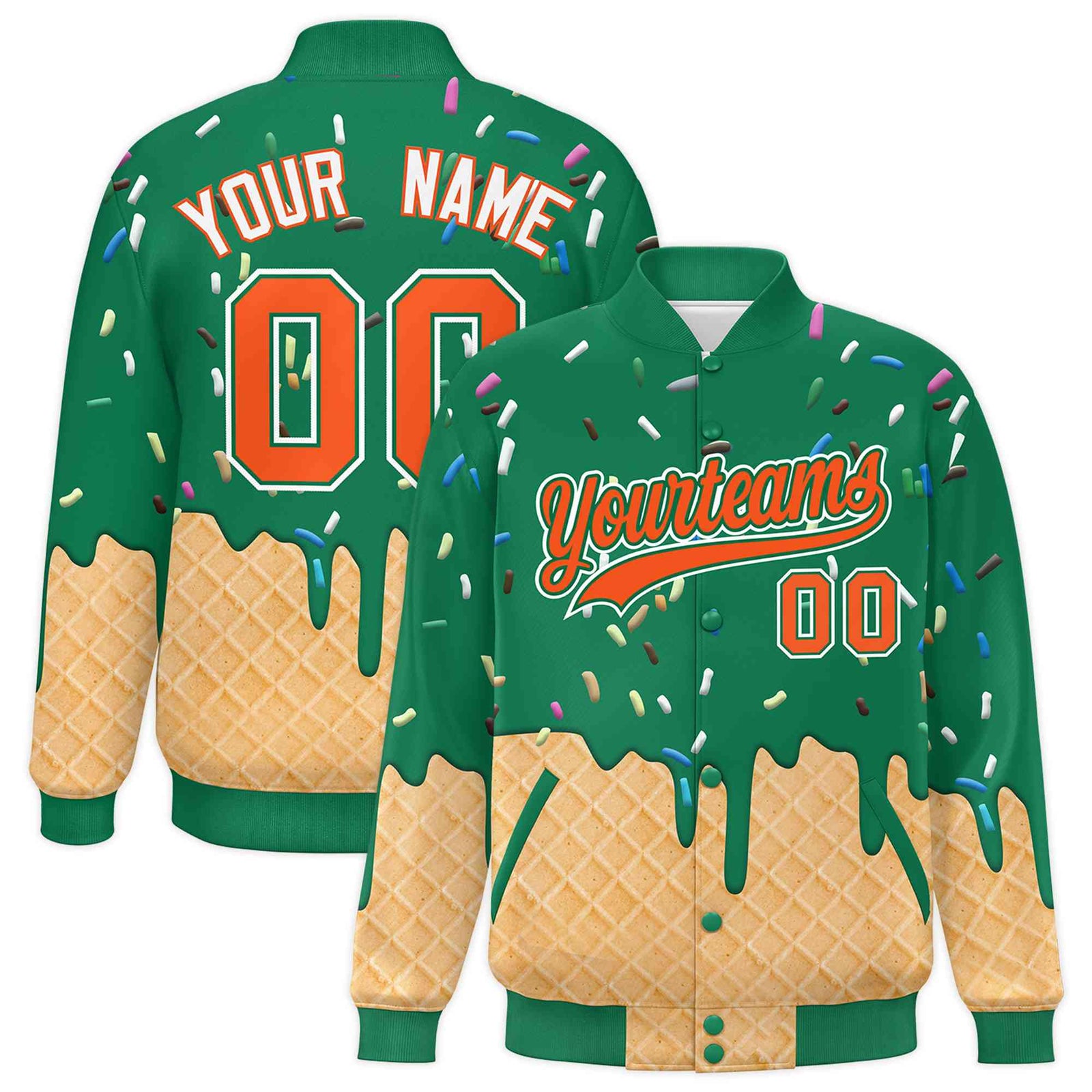 Custom Kelly Green Ice Cream Cone Graffiti Pattern Full-Snap Varsity Letterman Jackets