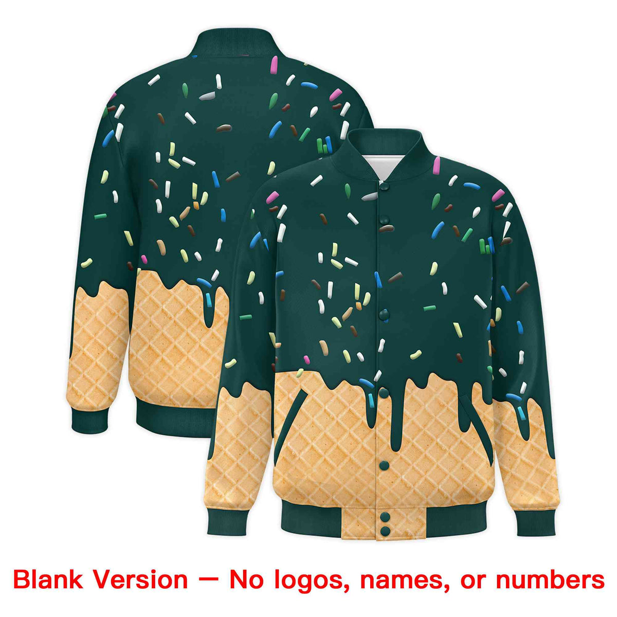Custom Midnight Green Ice Cream Cone Graffiti Pattern Full-Snap Varsity Letterman Jackets