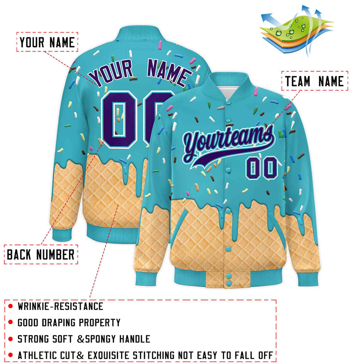 Custom Sky Blue Ice Cream Cone Graffiti Pattern Full-Snap Varsity Letterman Jackets