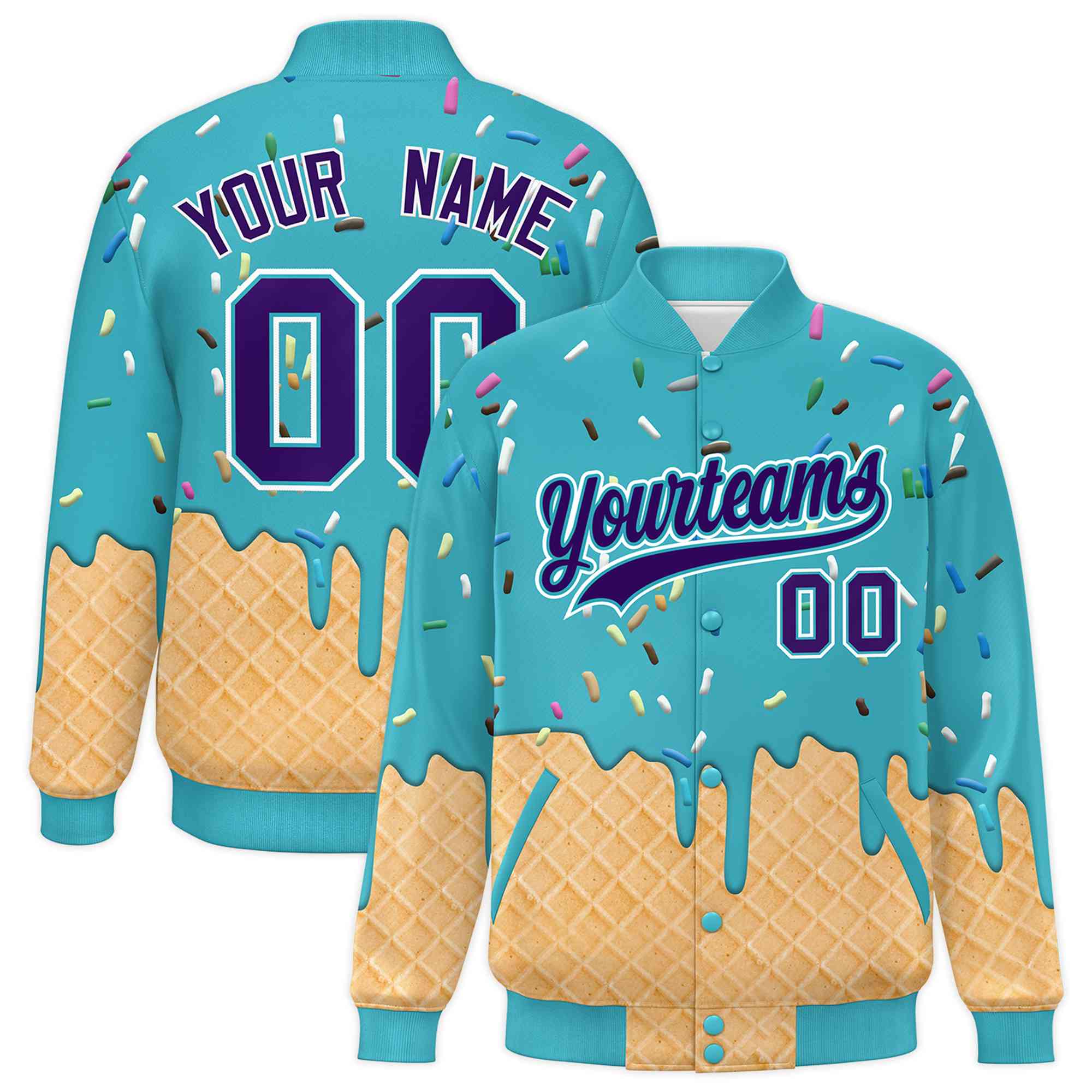 Custom Sky Blue Ice Cream Cone Graffiti Pattern Full-Snap Varsity Letterman Jackets