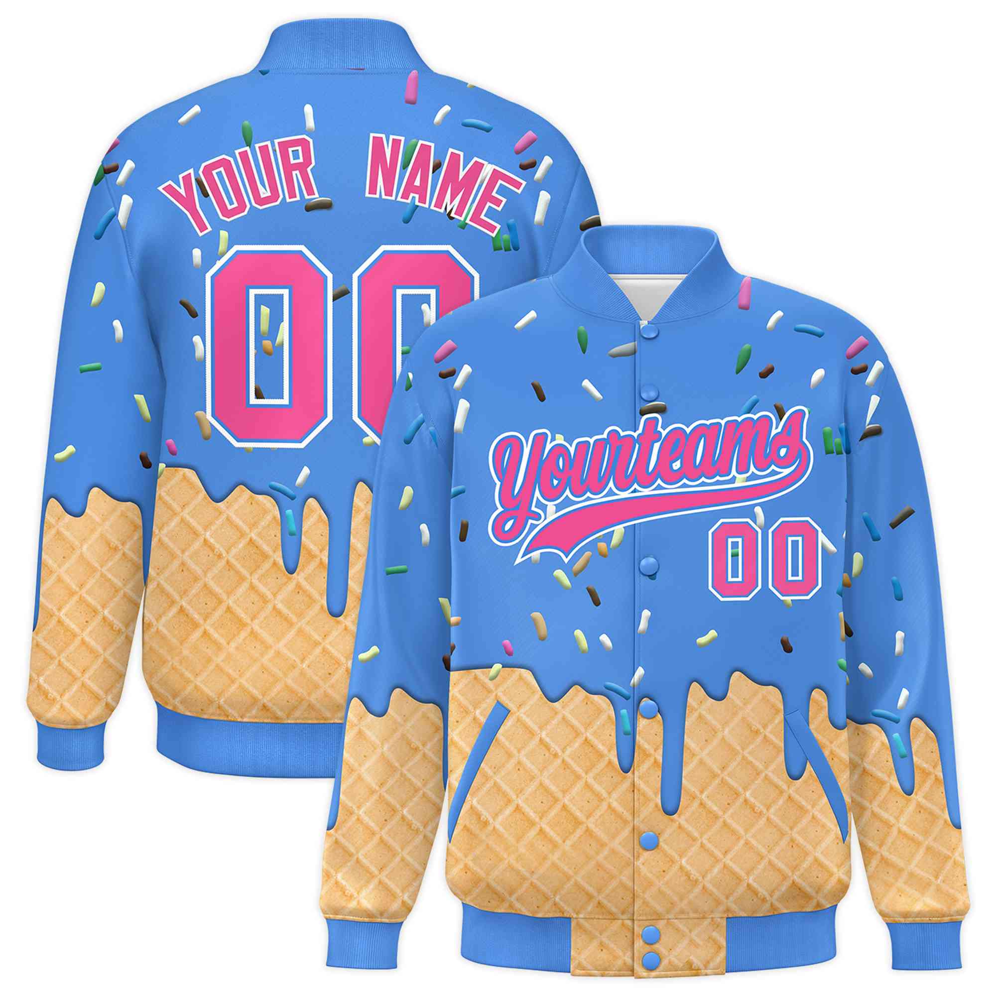 Custom Powder Blue Ice Cream Cone Graffiti Pattern Full-Snap Varsity Letterman Jackets