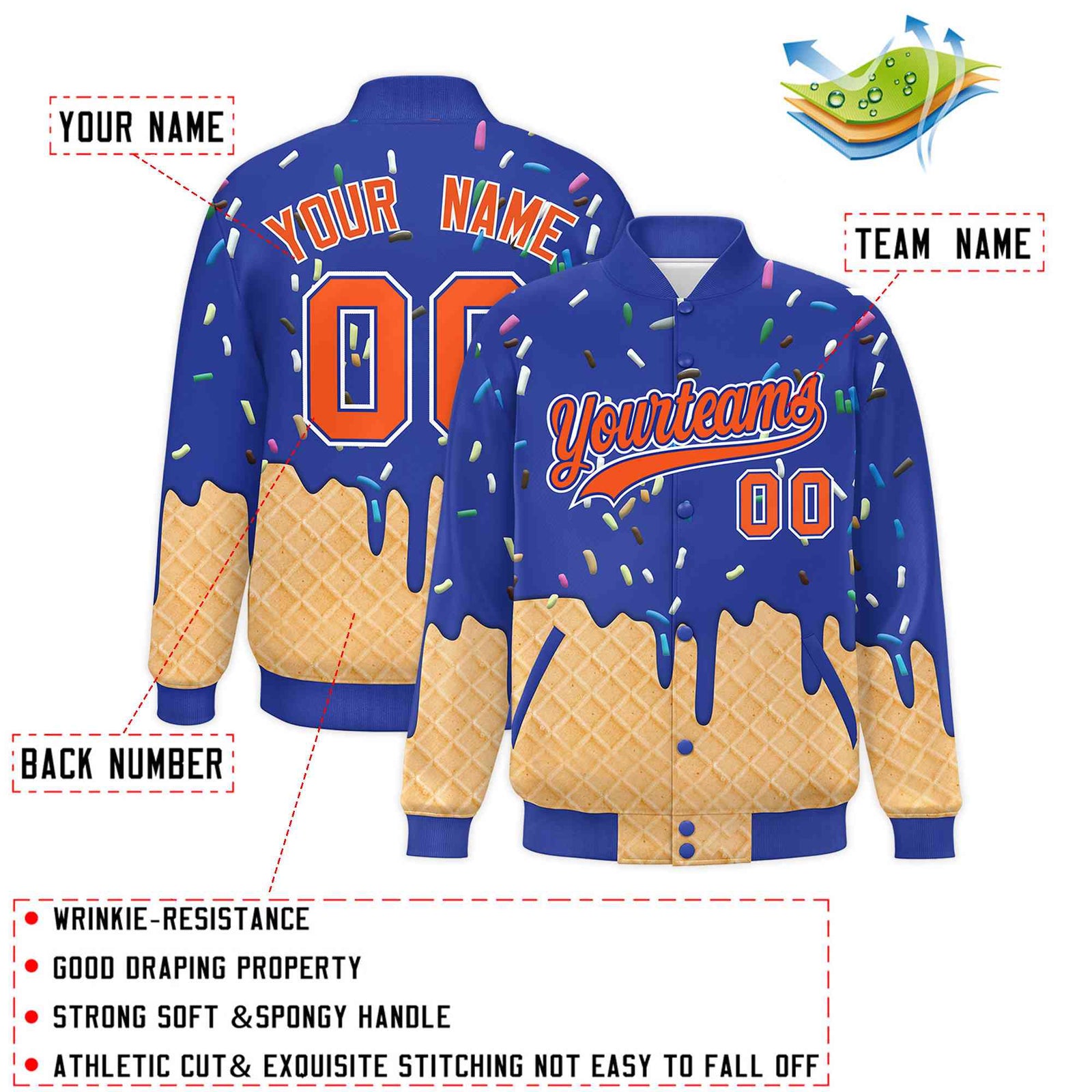 Custom Royal Blue Ice Cream Cone Graffiti Pattern Full-Snap Varsity Letterman Jackets