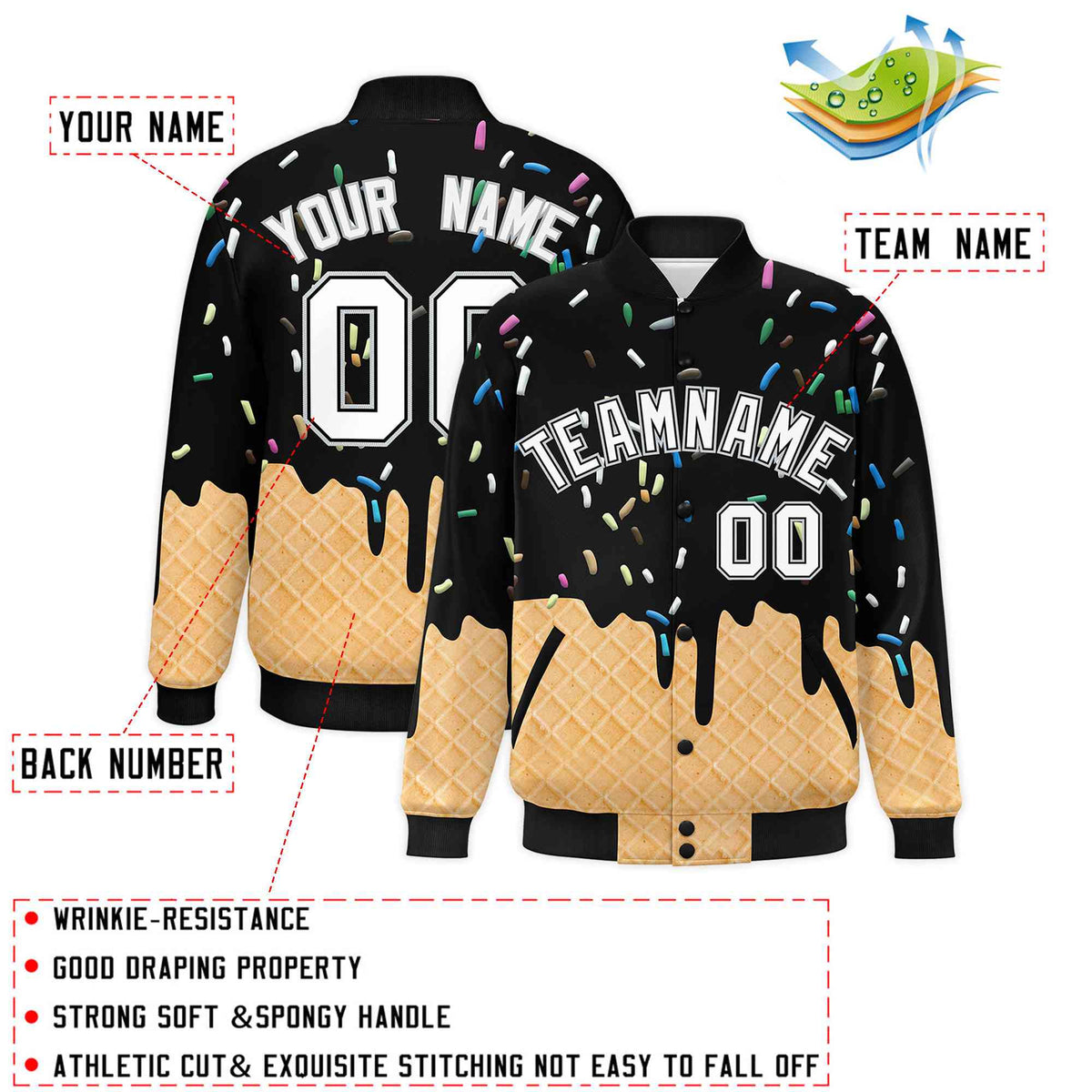 Custom Black Ice Cream Cone Graffiti Pattern Full-Snap Varsity Letterman Jackets