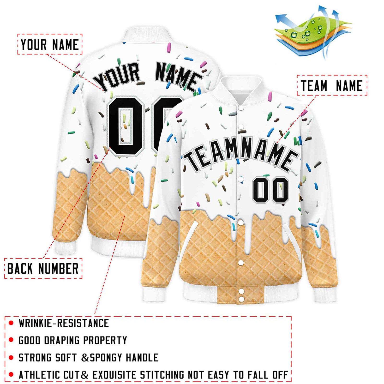 Custom White Ice Cream Cone Graffiti Pattern Full-Snap Varsity Letterman Jackets