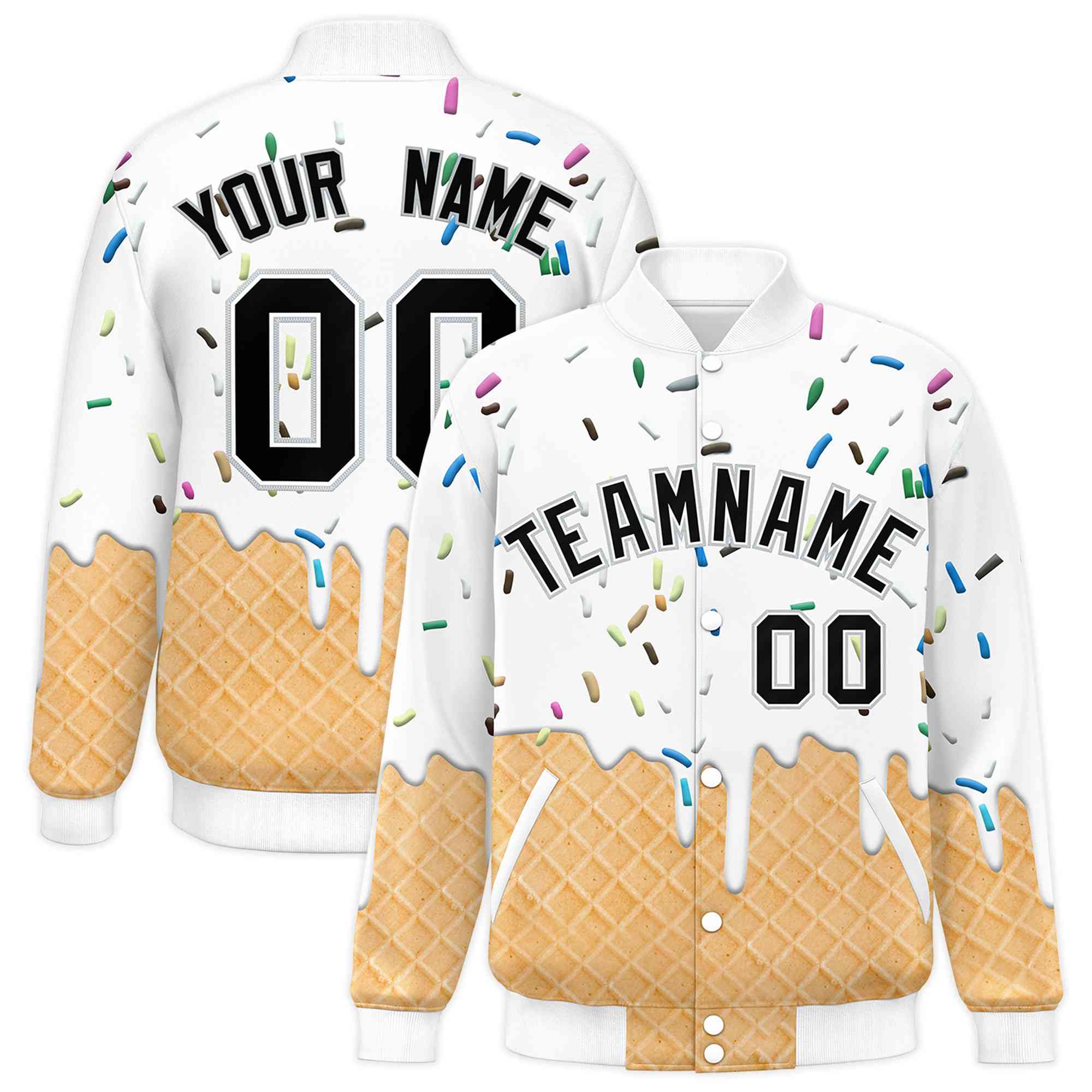 Custom White Ice Cream Cone Graffiti Pattern Full-Snap Varsity Letterman Jackets