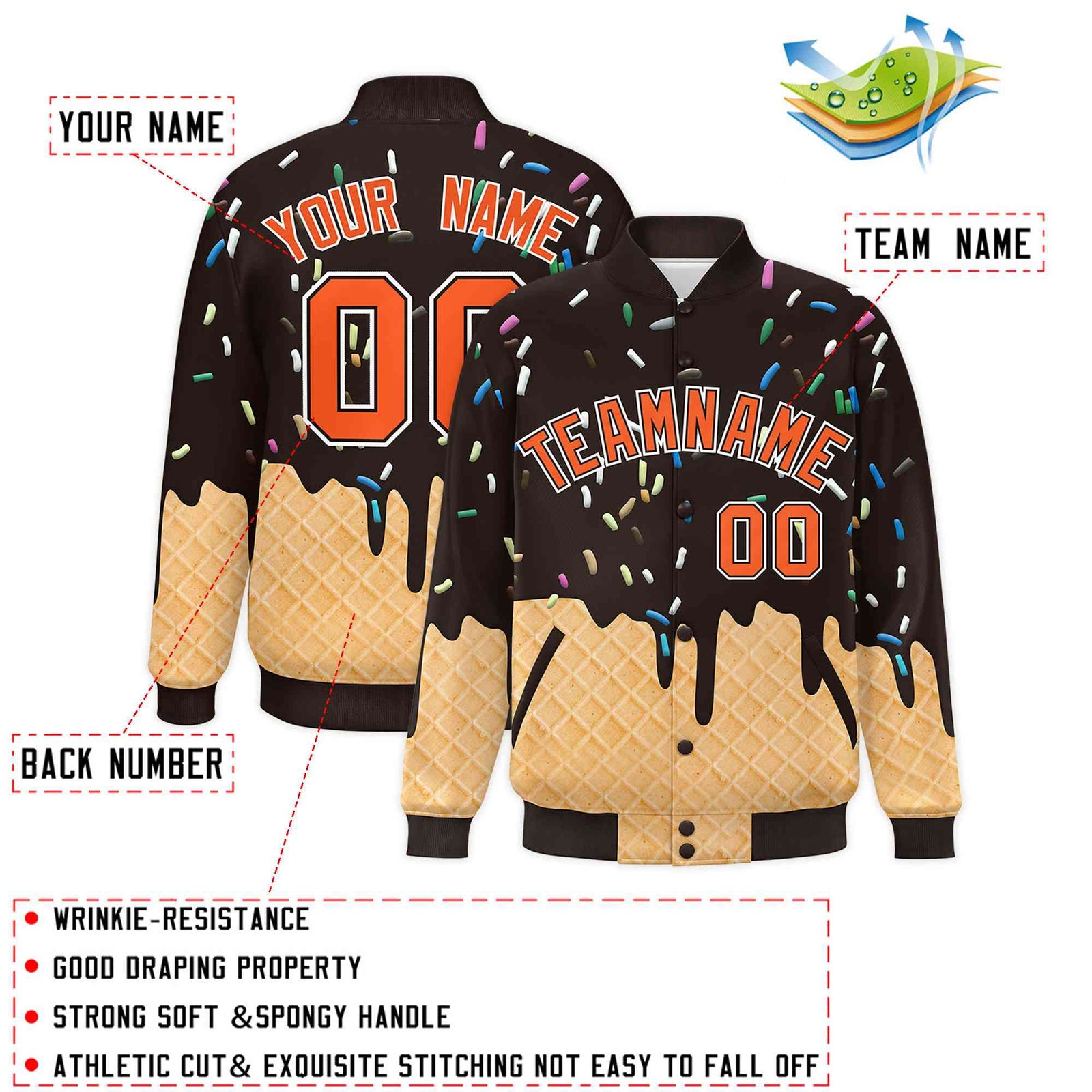 Custom Brown Ice Cream Cone Graffiti Pattern Full-Snap Varsity Letterman Jackets
