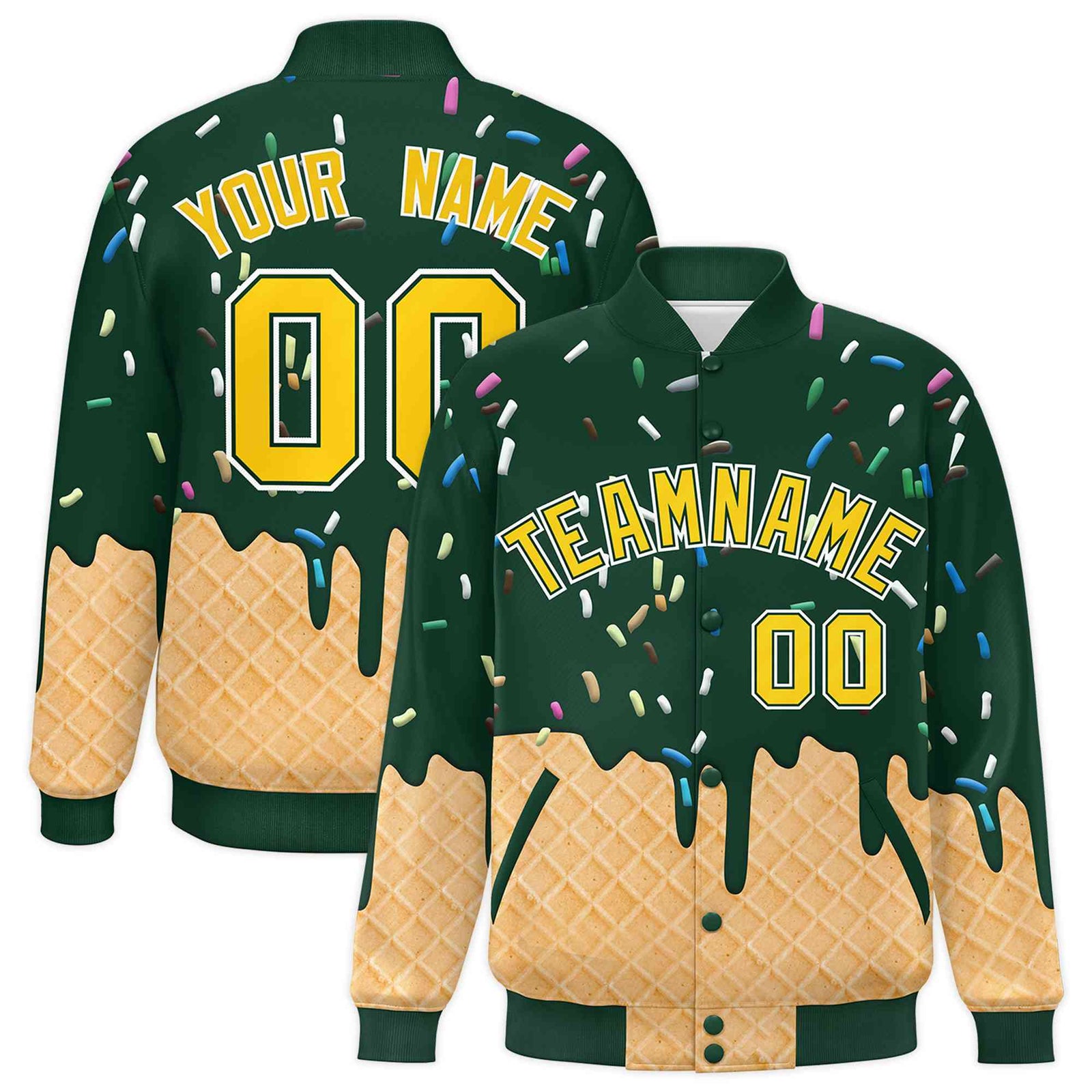 Custom Green Ice Cream Cone Graffiti Pattern Full-Snap Varsity Letterman Jackets