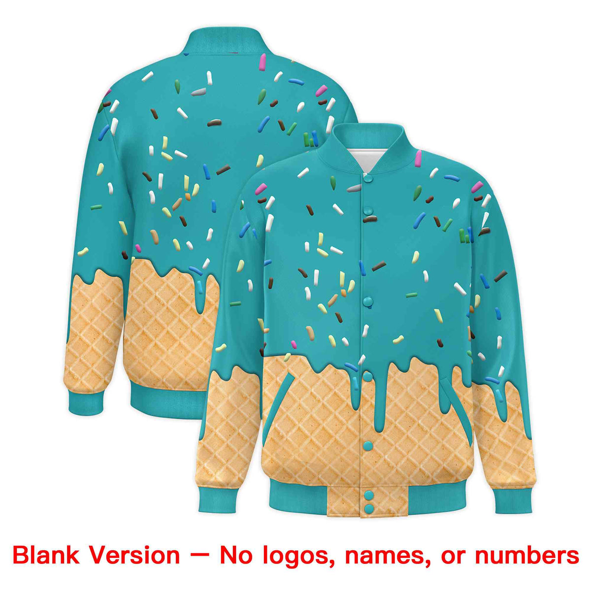 Custom Aqua Ice Cream Cone Graffiti Pattern Full-Snap Varsity Letterman Jackets