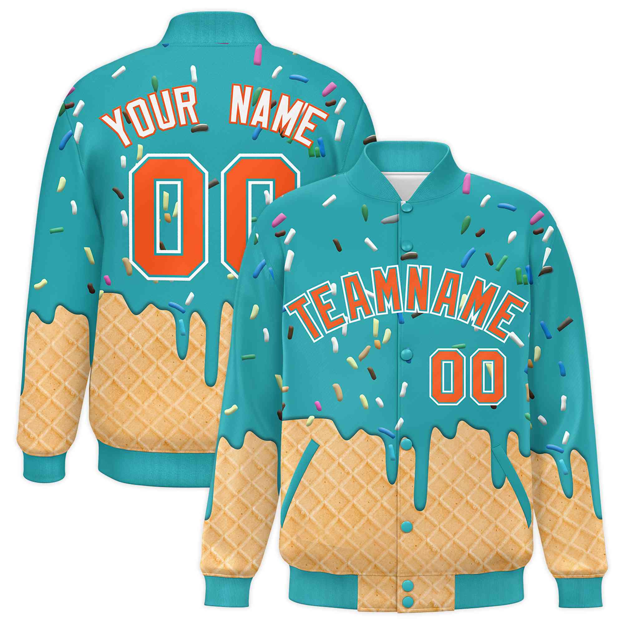 Custom Aqua Ice Cream Cone Graffiti Pattern Full-Snap Varsity Letterman Jackets