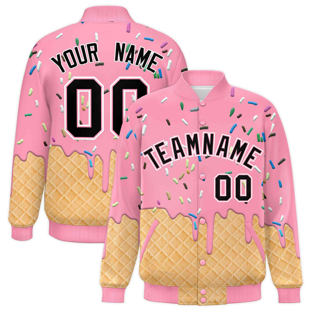 Custom Light Pink Ice Cream Cone Graffiti Pattern Full-Snap Varsity Letterman Jackets