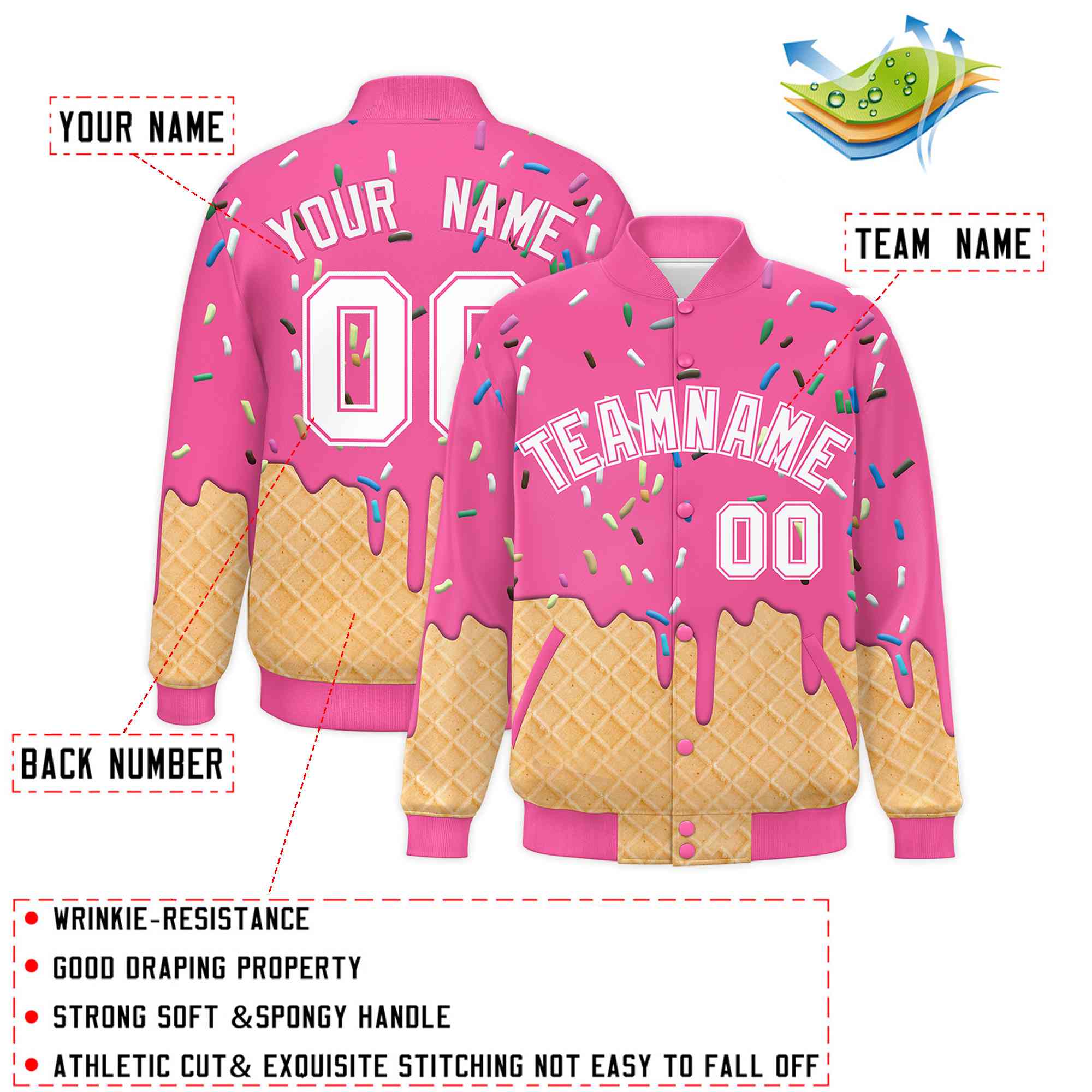 Custom Pink Ice Cream Cone Graffiti Pattern Full-Snap Varsity Letterman Jackets