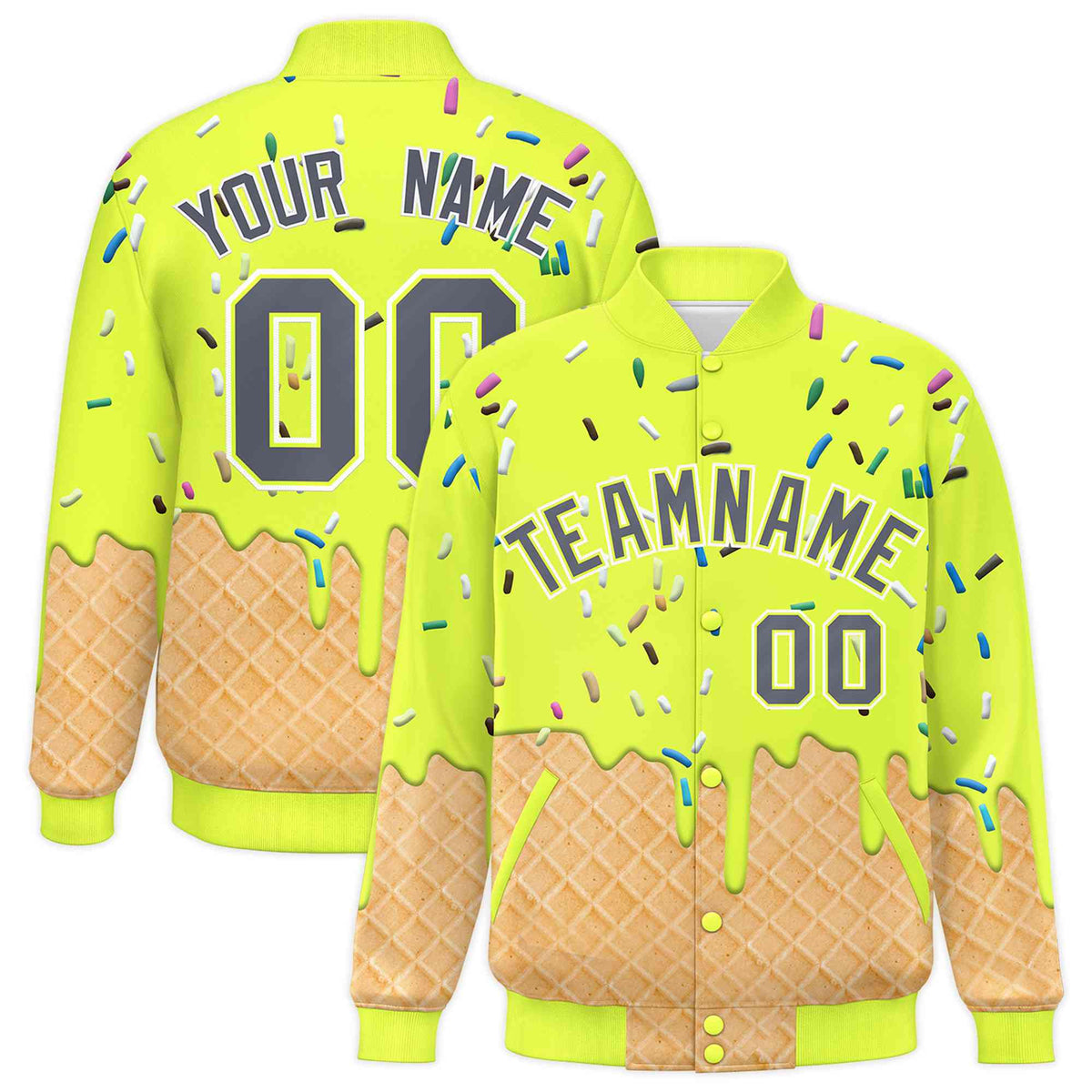 Custom Fluorescent Green Ice Cream Cone Graffiti Pattern Full-Snap Varsity Letterman Jackets