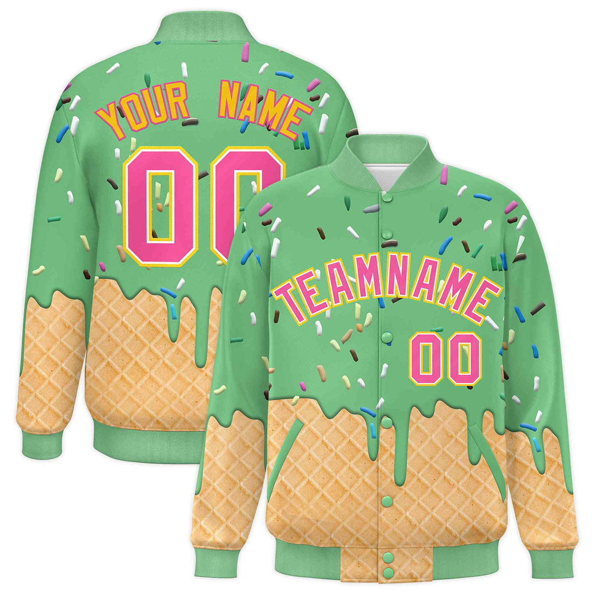 Custom Neon Green Ice Cream Cone Graffiti Pattern Full-Snap Varsity Letterman Jackets