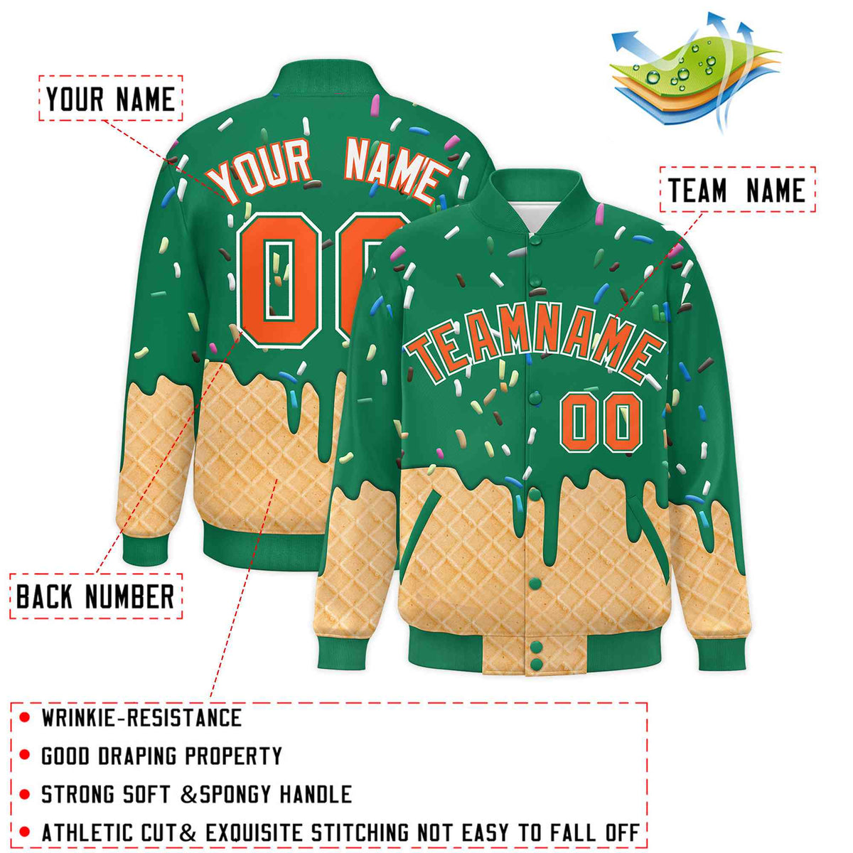 Custom Kelly Green Ice Cream Cone Graffiti Pattern Full-Snap Varsity Letterman Jackets
