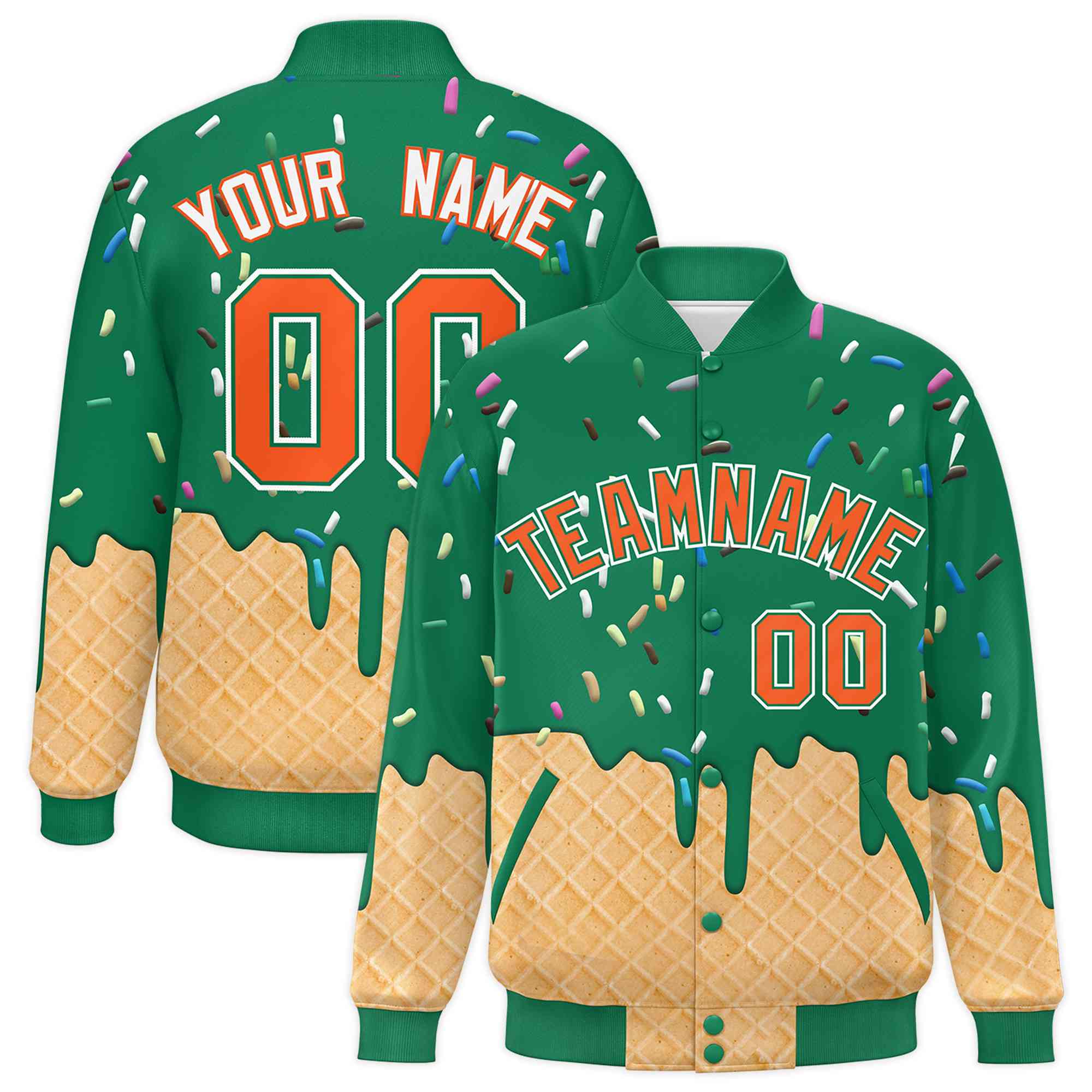 Custom Kelly Green Ice Cream Cone Graffiti Pattern Full-Snap Varsity Letterman Jackets