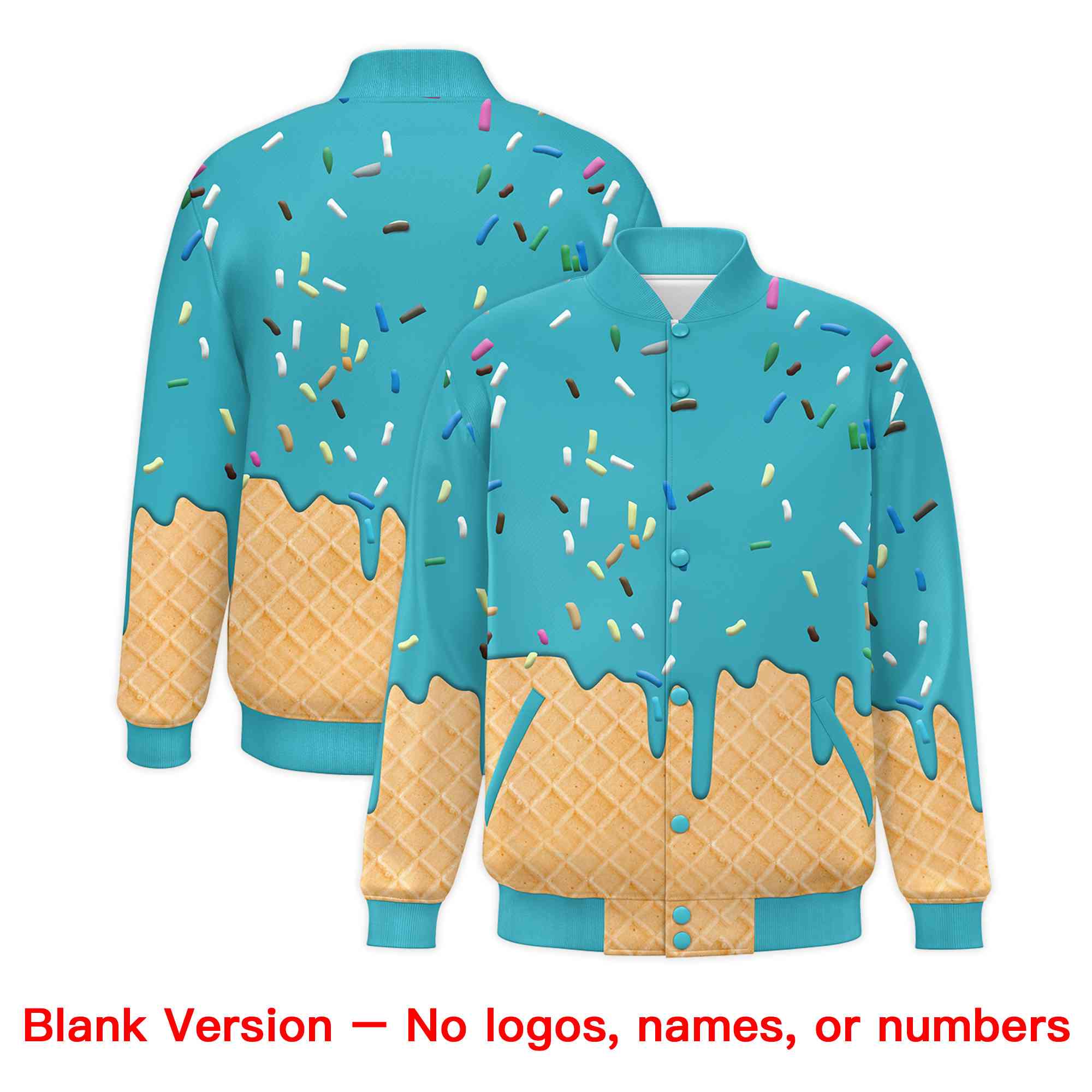 Custom Sky Blue Ice Cream Cone Graffiti Pattern Full-Snap Varsity Letterman Jackets