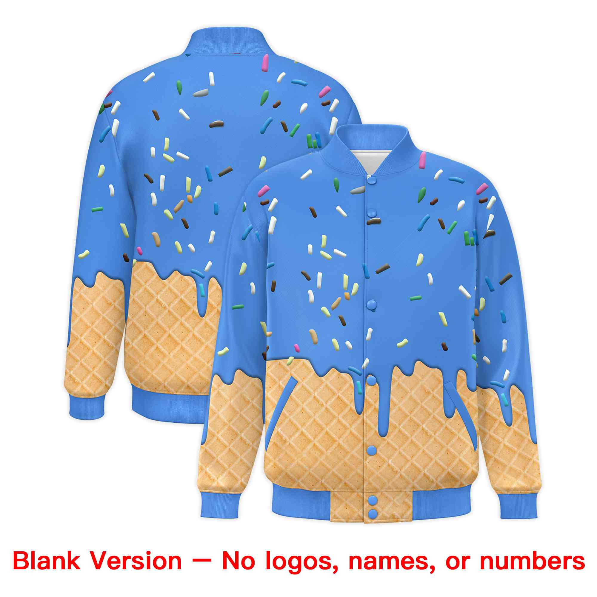 Custom Powder Blue Ice Cream Cone Graffiti Pattern Full-Snap Varsity Letterman Jackets