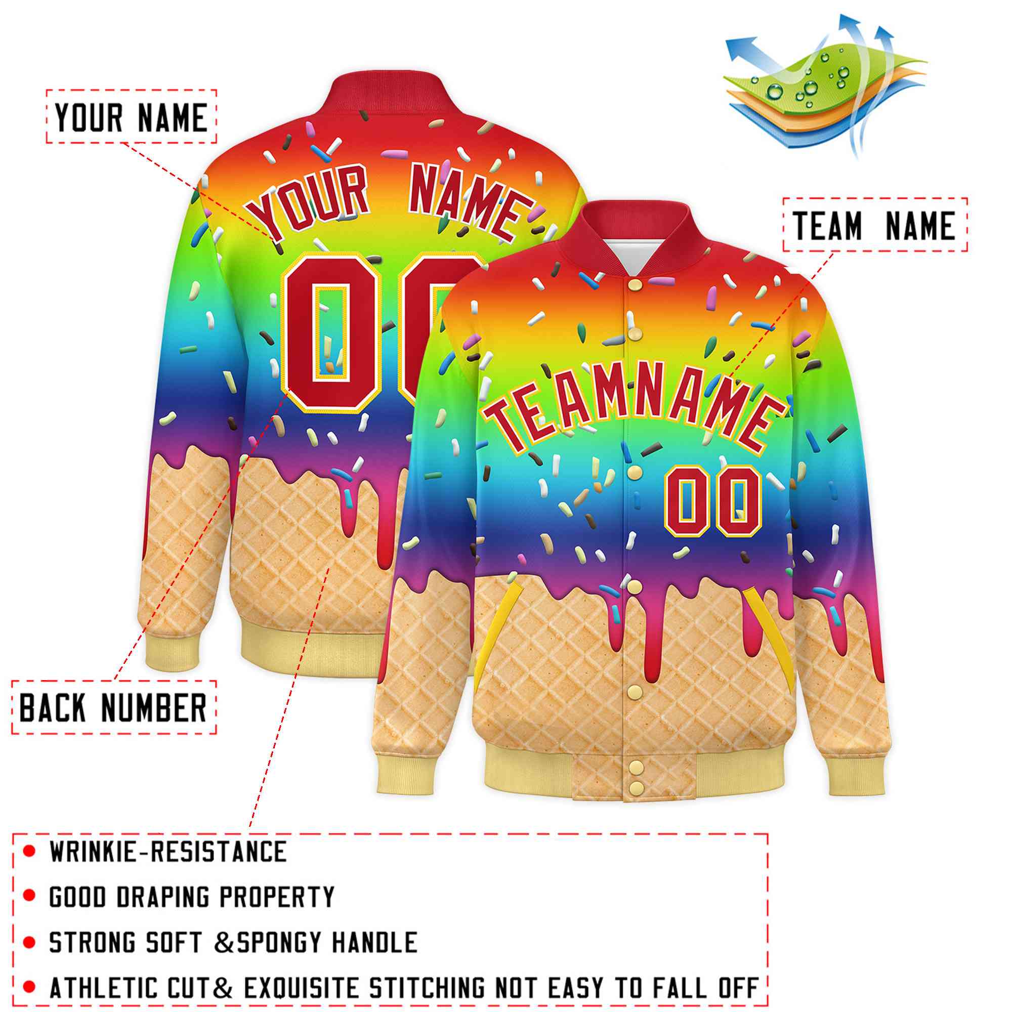 Custom Rainbow Ice Cream Cone Graffiti Pattern Full-Snap Varsity Letterman Jackets