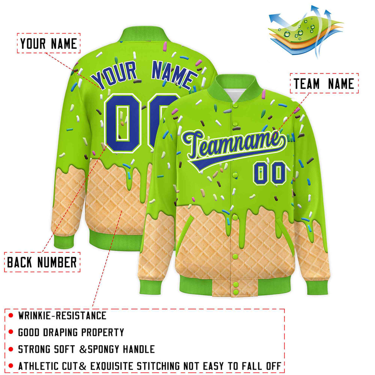 Custom Neon Green Ice Cream Cone Graffiti Pattern Full-Snap Varsity Letterman Jackets| KXKSHOP