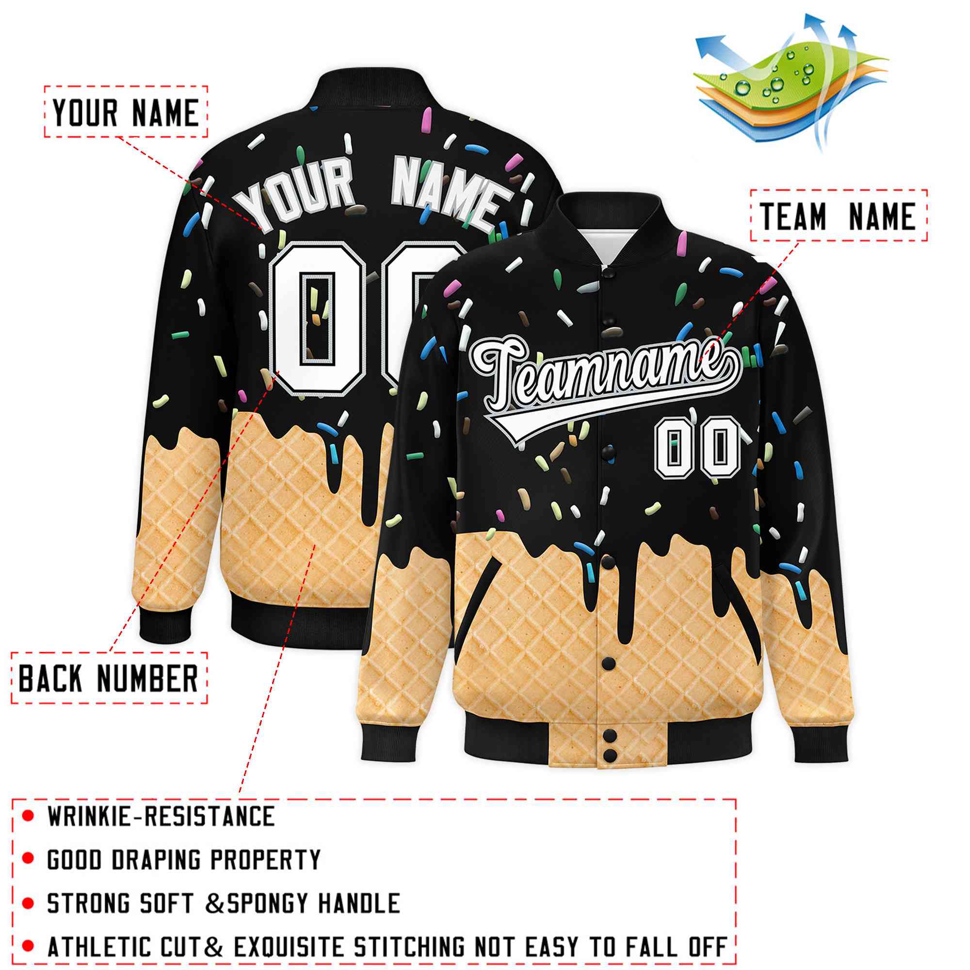 Custom Black Ice Cream Cone Graffiti Pattern Full-Snap Varsity Letterman Jackets| KXKSHOP