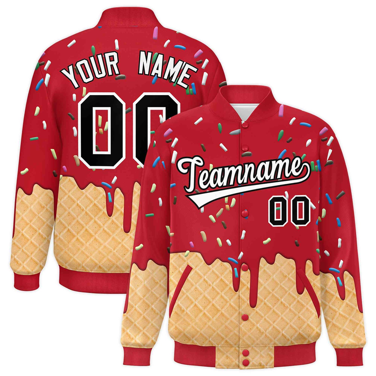 Custom Red Ice Cream Cone Graffiti Pattern Full-Snap Varsity Letterman Jackets| KXKSHOP