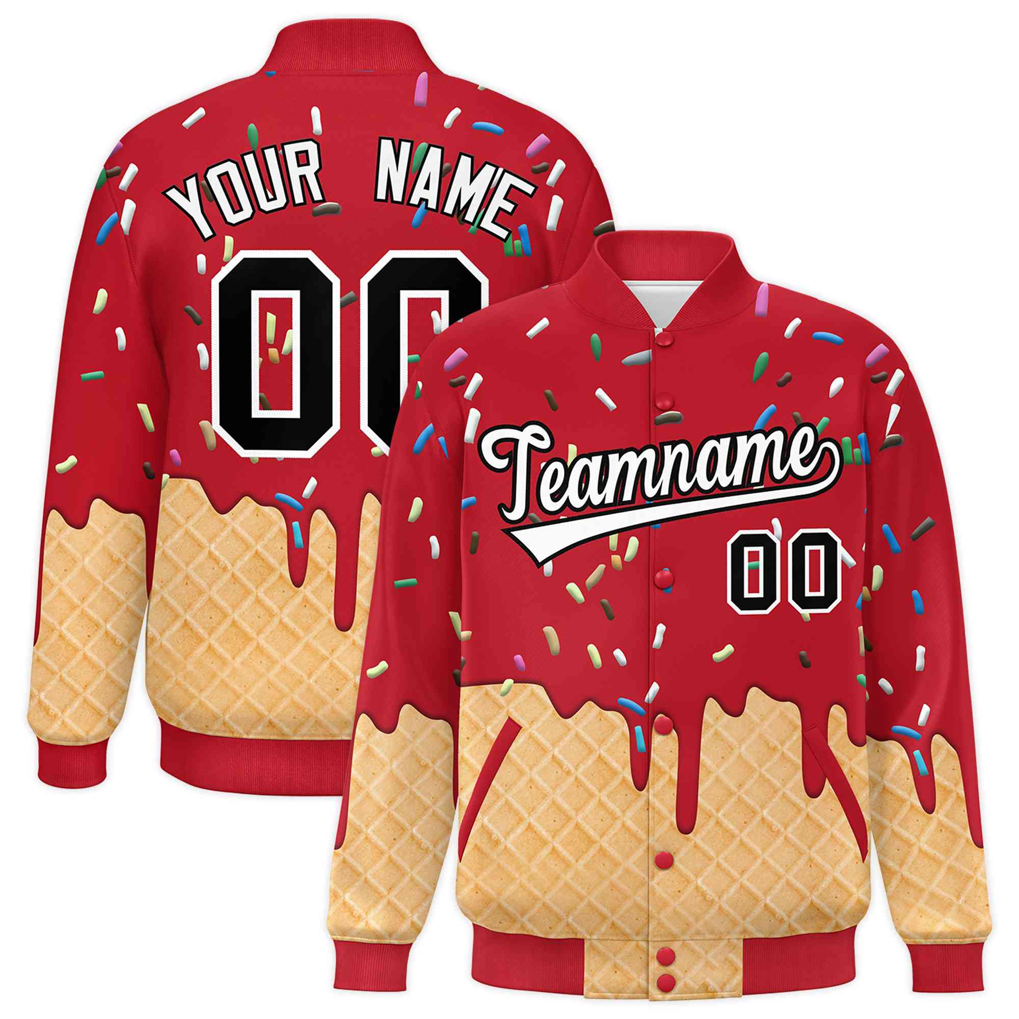 Custom Red Ice Cream Cone Graffiti Pattern Full-Snap Varsity Letterman Jackets| KXKSHOP
