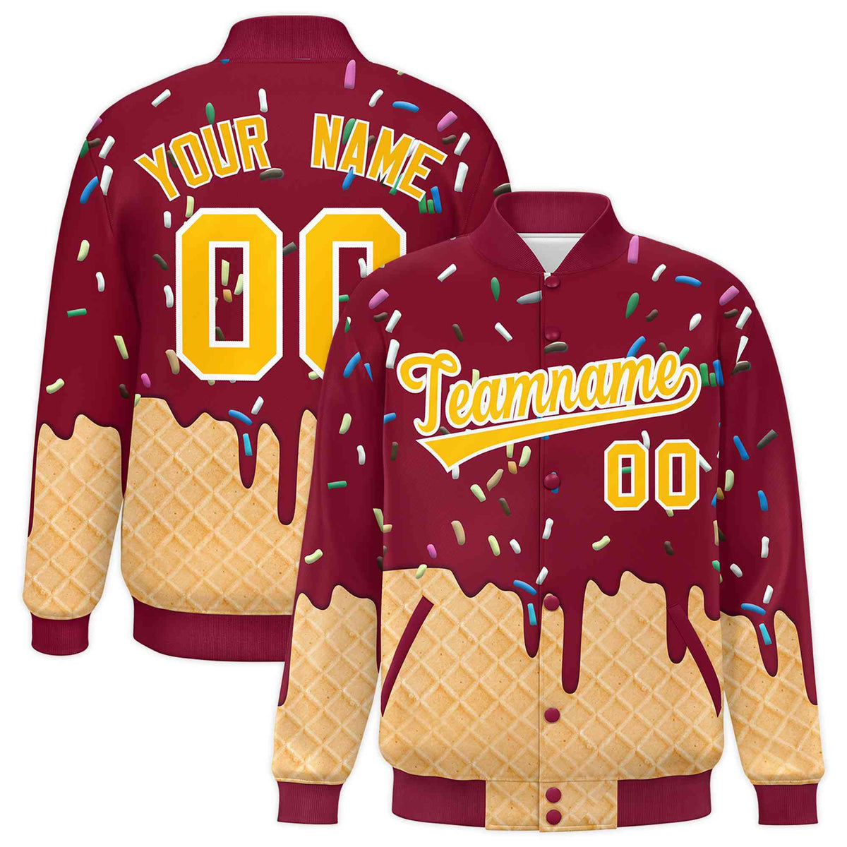 Custom Crimson Ice Cream Cone Graffiti Pattern Full-Snap Varsity Letterman Jackets| KXKSHOP