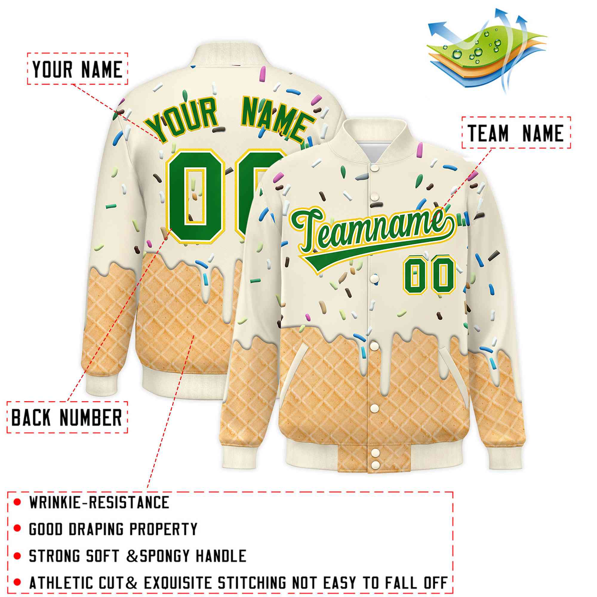 Custom Cream Ice Cream Cone Graffiti Pattern Full-Snap Varsity Letterman Jackets| KXKSHOP