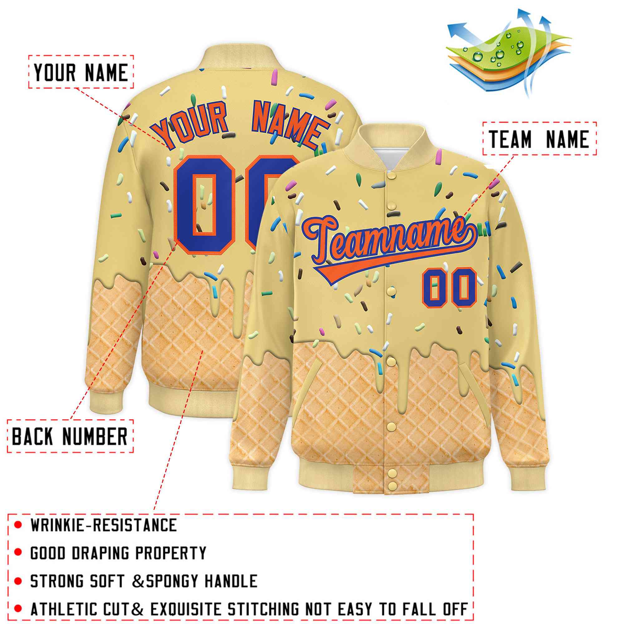 Custom Khaki Ice Cream Cone Graffiti Pattern Full-Snap Varsity Letterman Jackets| KXKSHOP