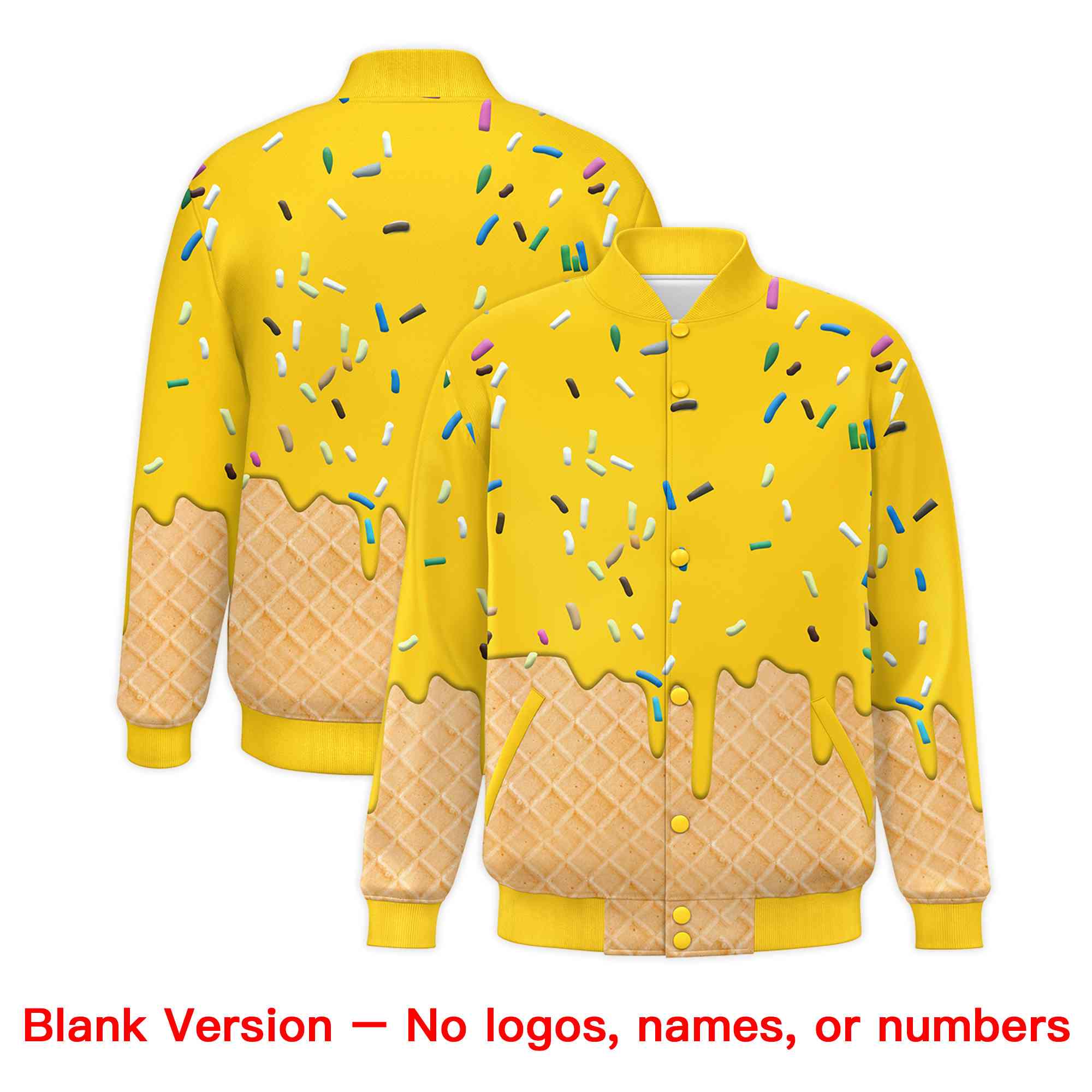 Custom Gold Ice Cream Cone Graffiti Pattern Full-Snap Varsity Letterman Jackets| KXKSHOP