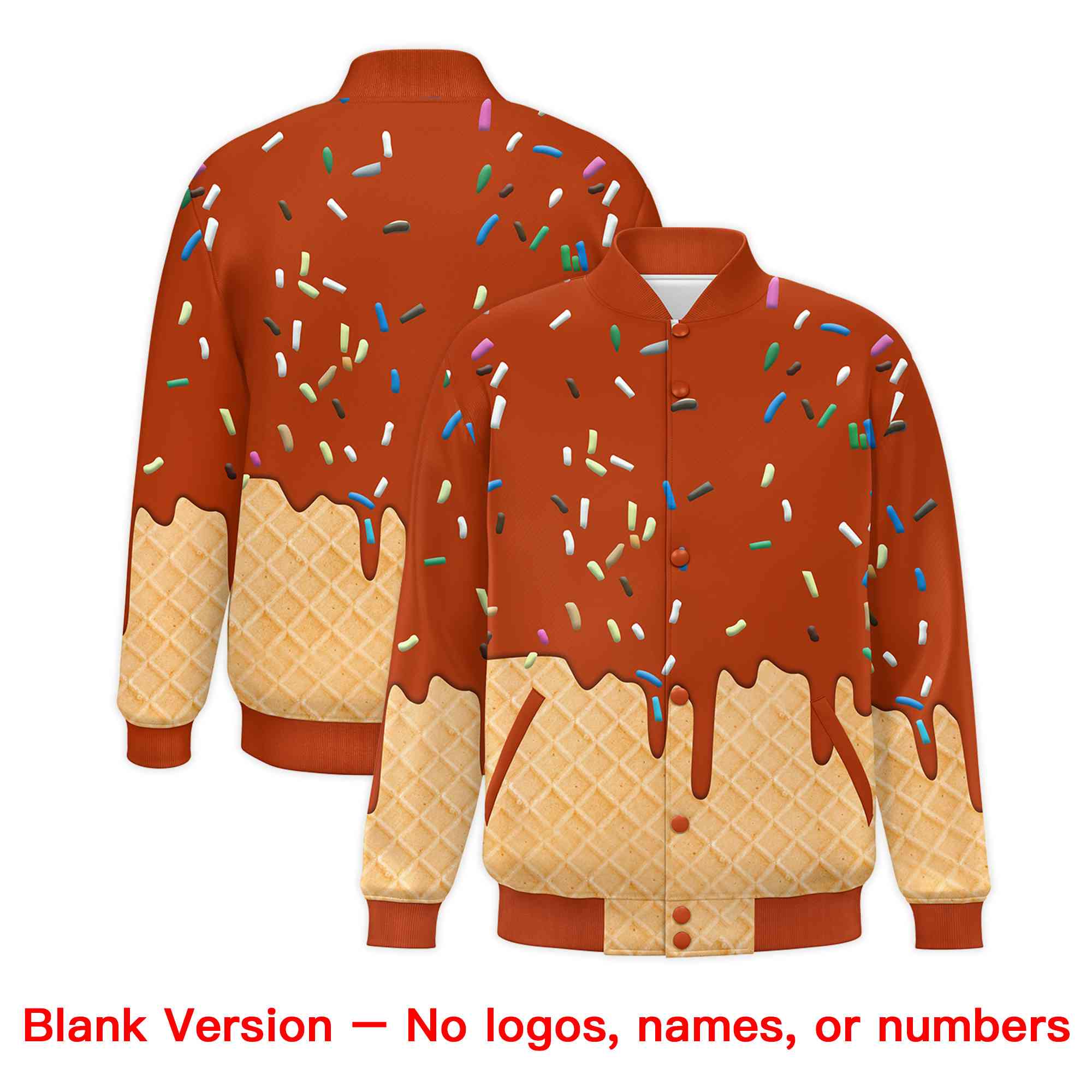 Custom Dark Orange Ice Cream Cone Graffiti Pattern Full-Snap Varsity Letterman Jackets| KXKSHOP