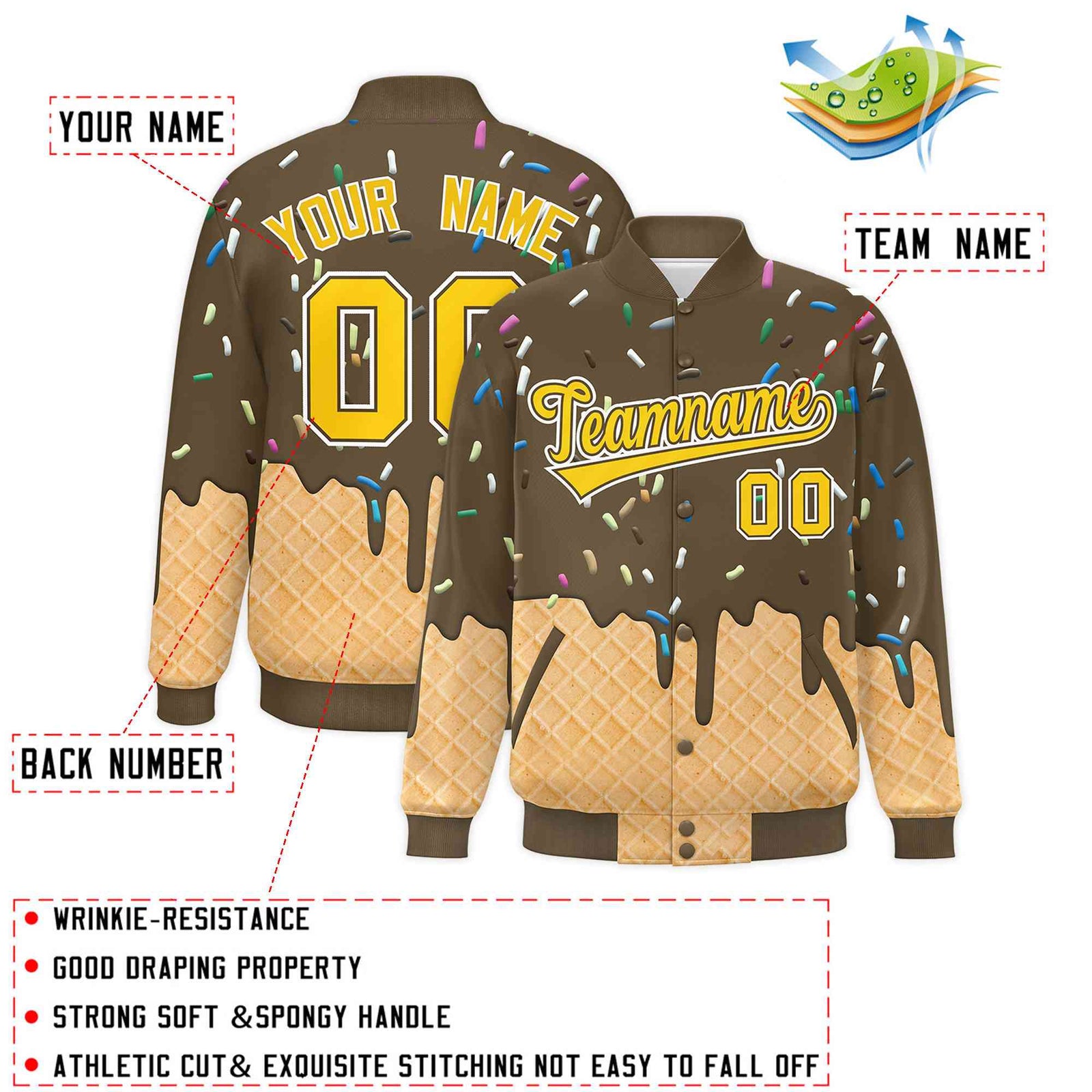 Custom Light Brown Ice Cream Cone Graffiti Pattern Full-Snap Varsity Letterman Jackets| KXKSHOP