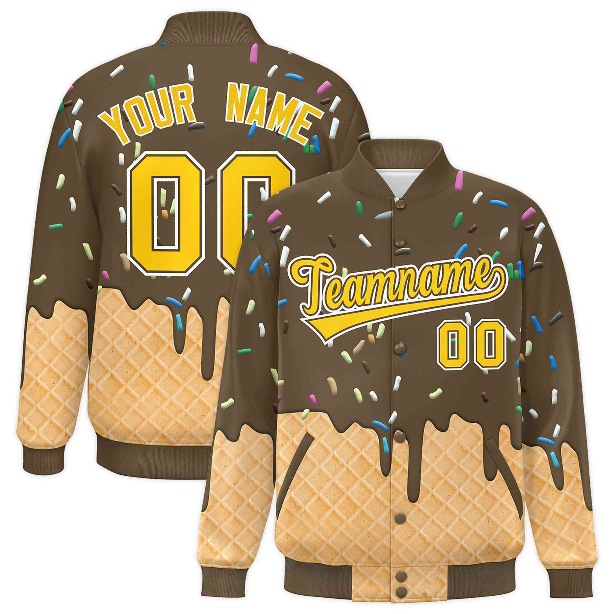 Custom Light Brown Ice Cream Cone Graffiti Pattern Full-Snap Varsity Letterman Jackets| KXKSHOP