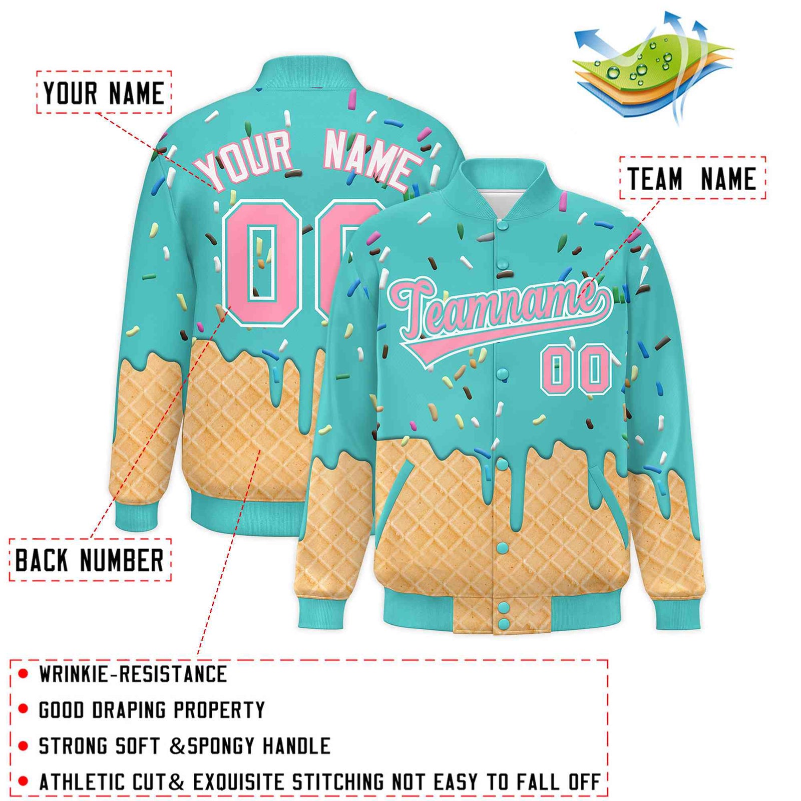 Custom Teal Ice Cream Cone Graffiti Pattern Full-Snap Varsity Letterman Jackets| KXKSHOP