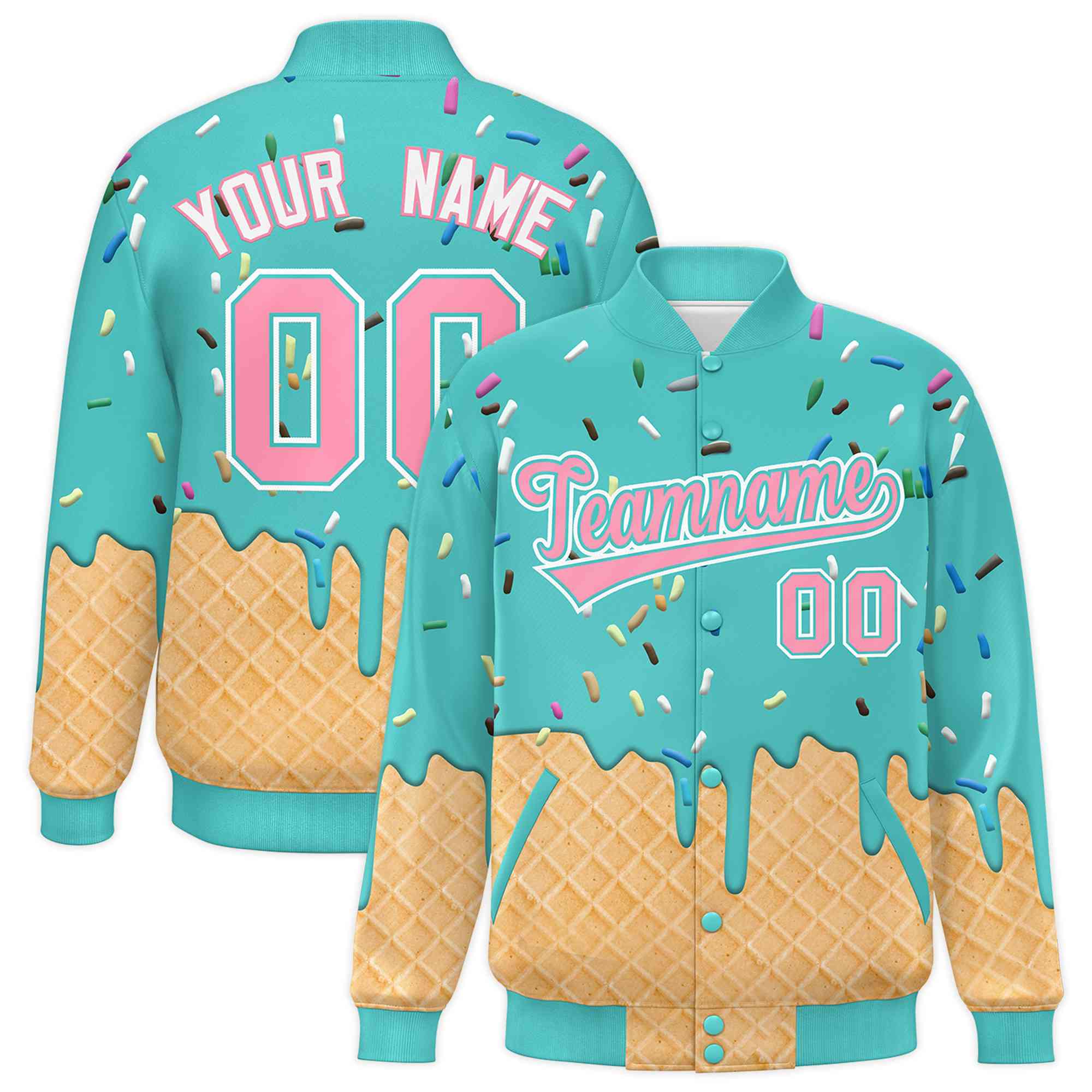Custom Teal Ice Cream Cone Graffiti Pattern Full-Snap Varsity Letterman Jackets| KXKSHOP