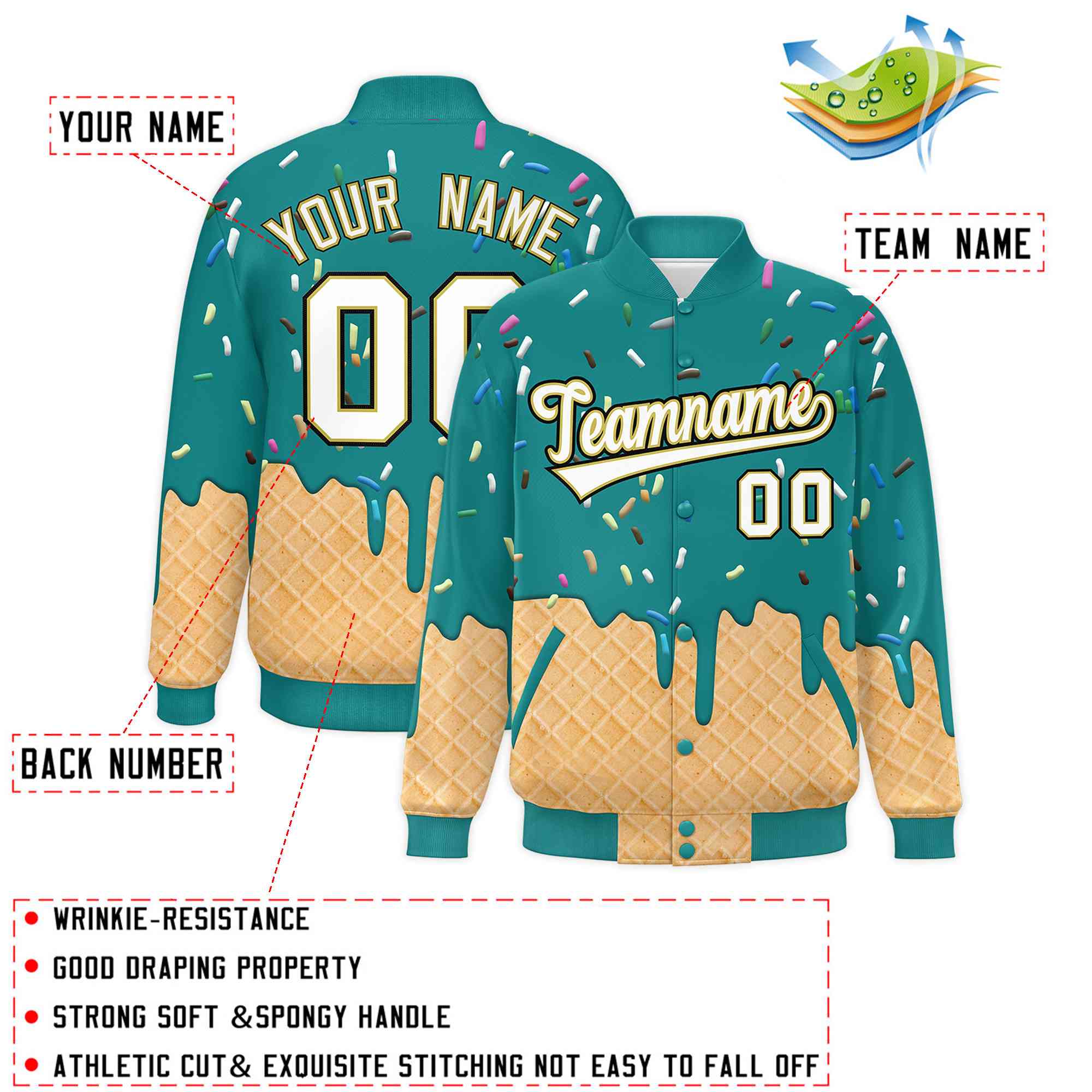 Custom Teal Ice Cream Cone Graffiti Pattern Full-Snap Varsity Letterman Jackets| KXKSHOP