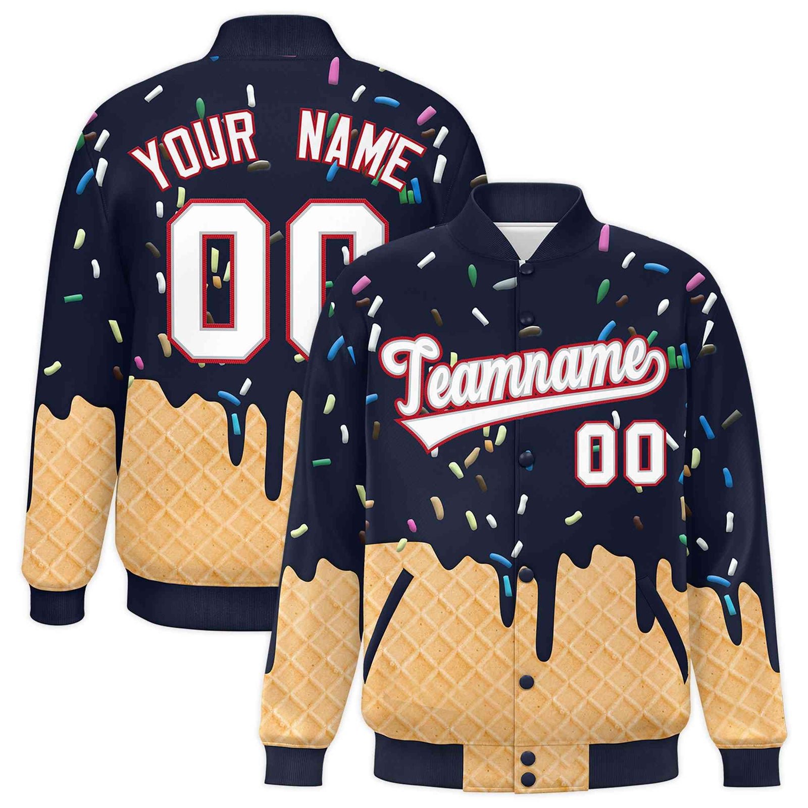 Custom Navy Ice Cream Cone Graffiti Pattern Full-Snap Varsity Letterman Jackets| KXKSHOP