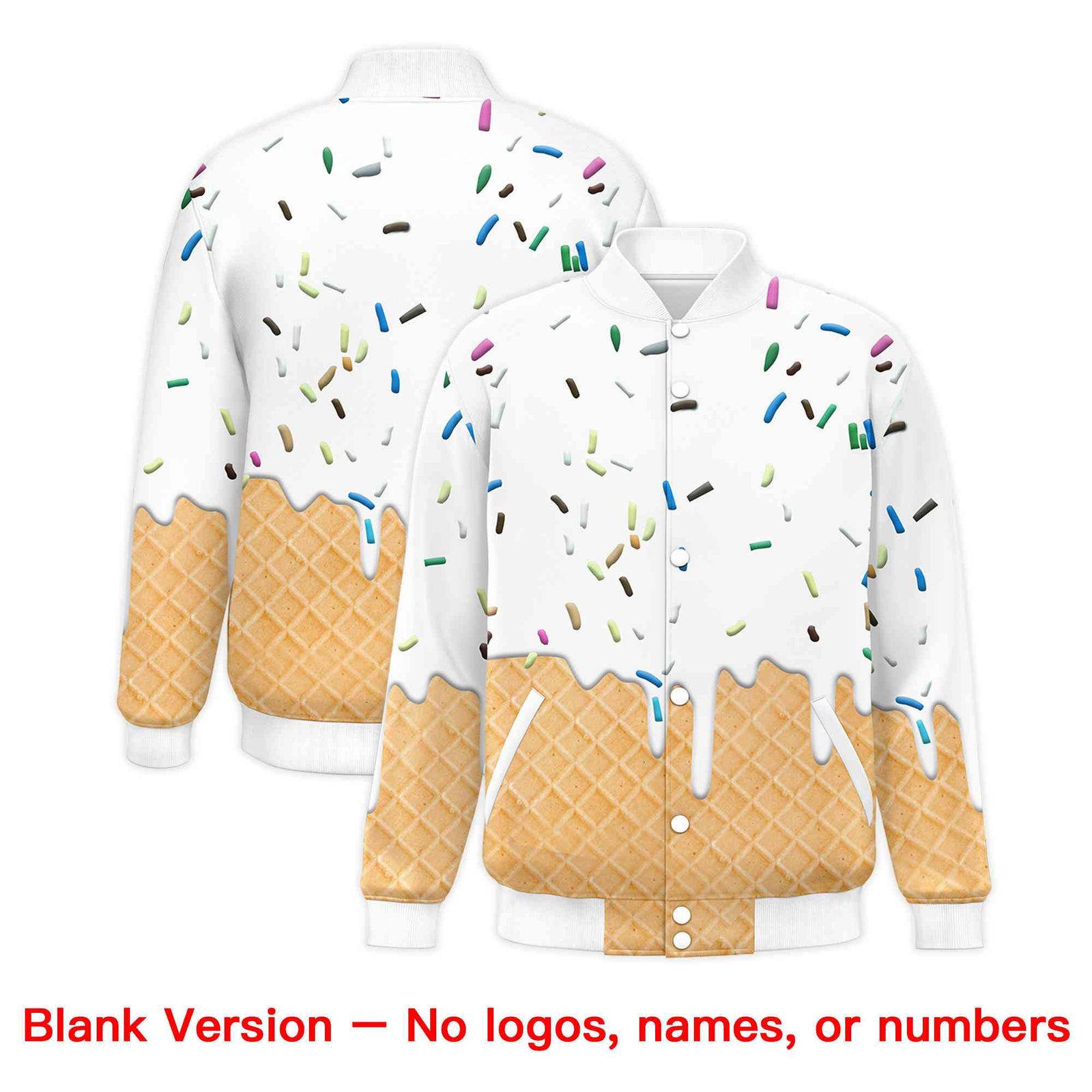 Custom White Ice Cream Cone Graffiti Pattern Full-Snap Varsity Letterman Jackets| KXKSHOP