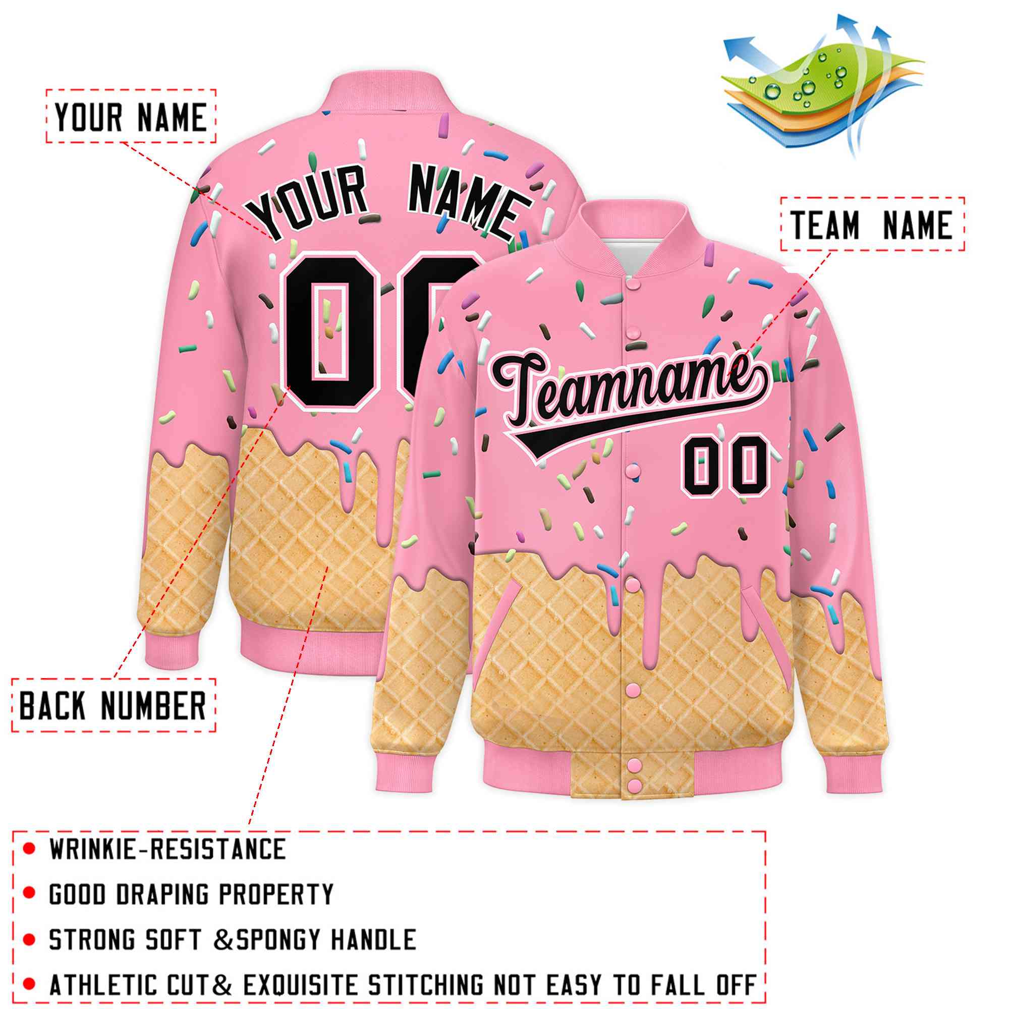 Custom Light Pink Ice Cream Cone Graffiti Pattern Full-Snap Varsity Letterman Jackets| KXKSHOP