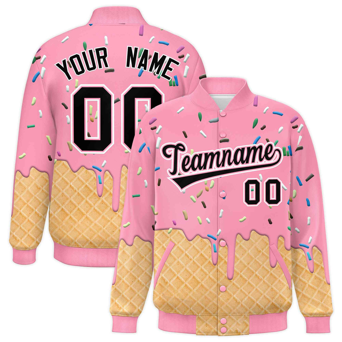 Custom Light Pink Ice Cream Cone Graffiti Pattern Full-Snap Varsity Letterman Jackets| KXKSHOP
