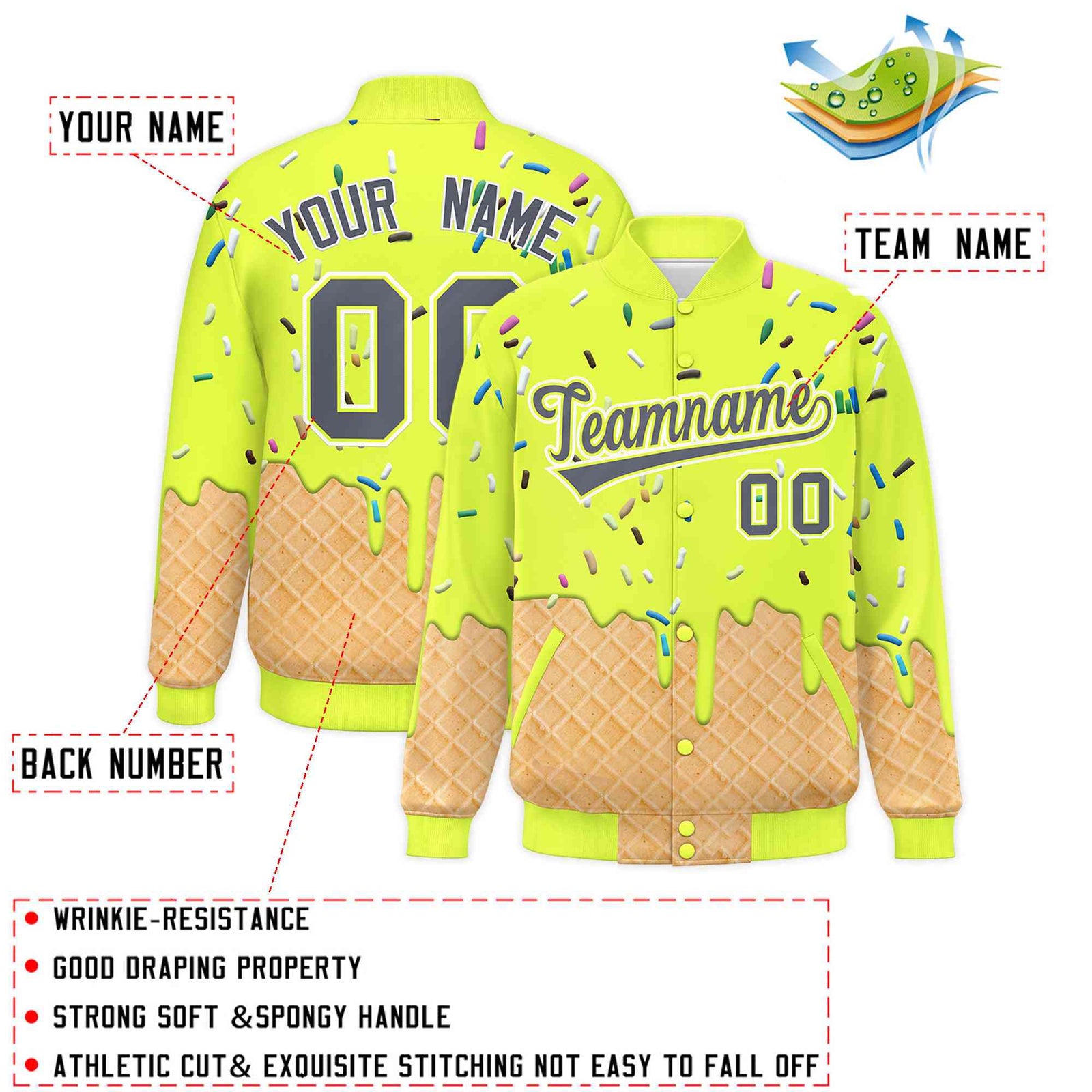Custom Fluorescent Green Ice Cream Cone Graffiti Pattern Full-Snap Varsity Letterman Jackets| KXKSHOP