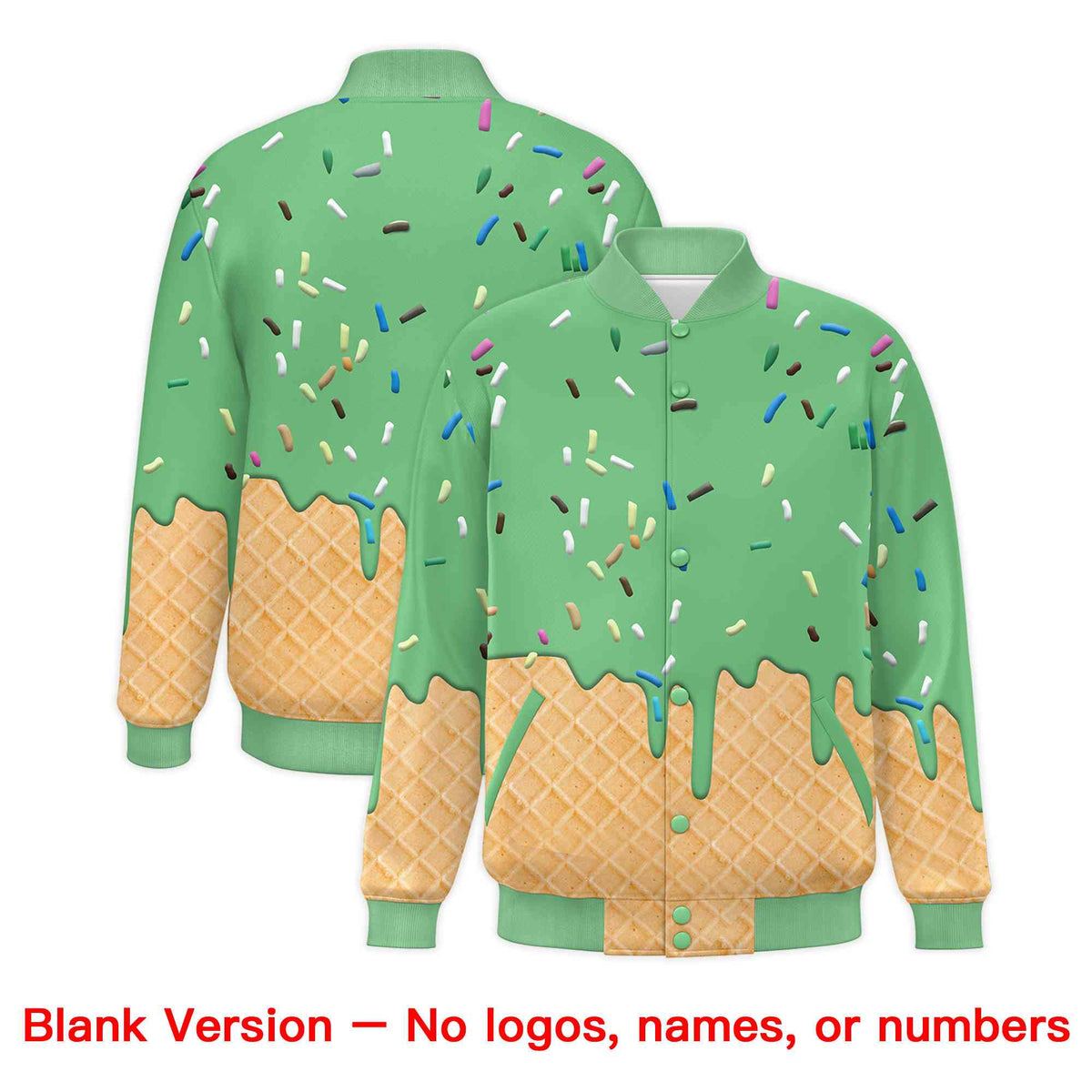 Custom Neon Green Ice Cream Cone Graffiti Pattern Full-Snap Varsity Letterman Jackets| KXKSHOP