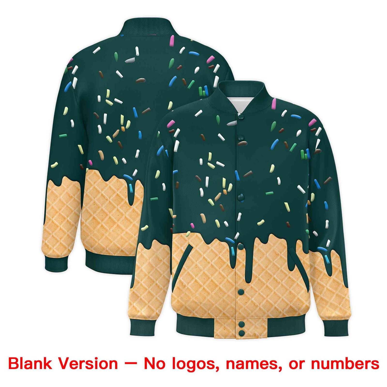 Custom Midnight Green Ice Cream Cone Graffiti Pattern Full-Snap Varsity Letterman Jackets| KXKSHOP