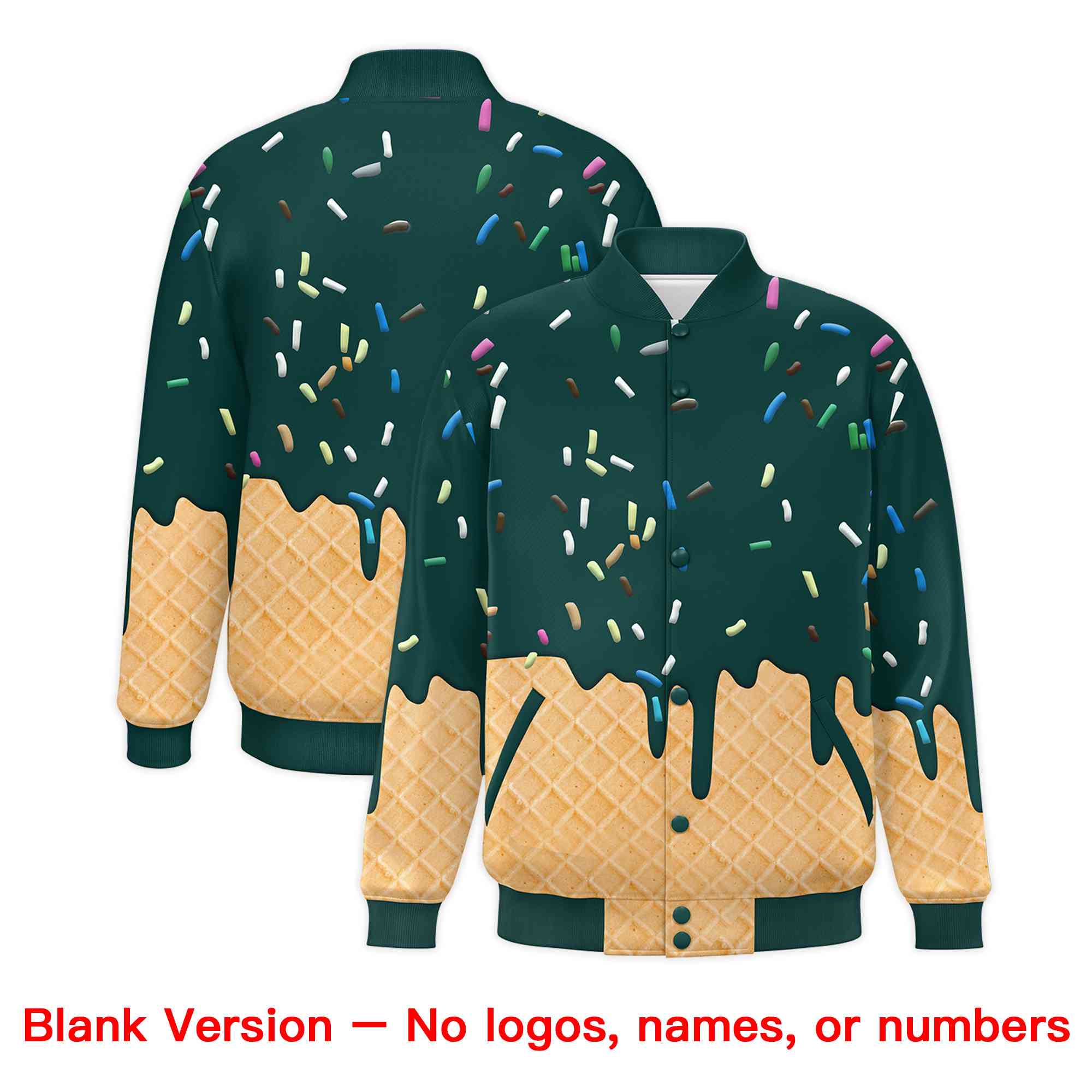Custom Midnight Green Ice Cream Cone Graffiti Pattern Full-Snap Varsity Letterman Jackets| KXKSHOP