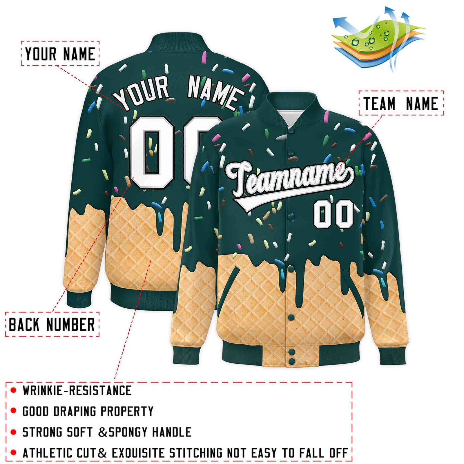 Custom Midnight Green Ice Cream Cone Graffiti Pattern Full-Snap Varsity Letterman Jackets| KXKSHOP