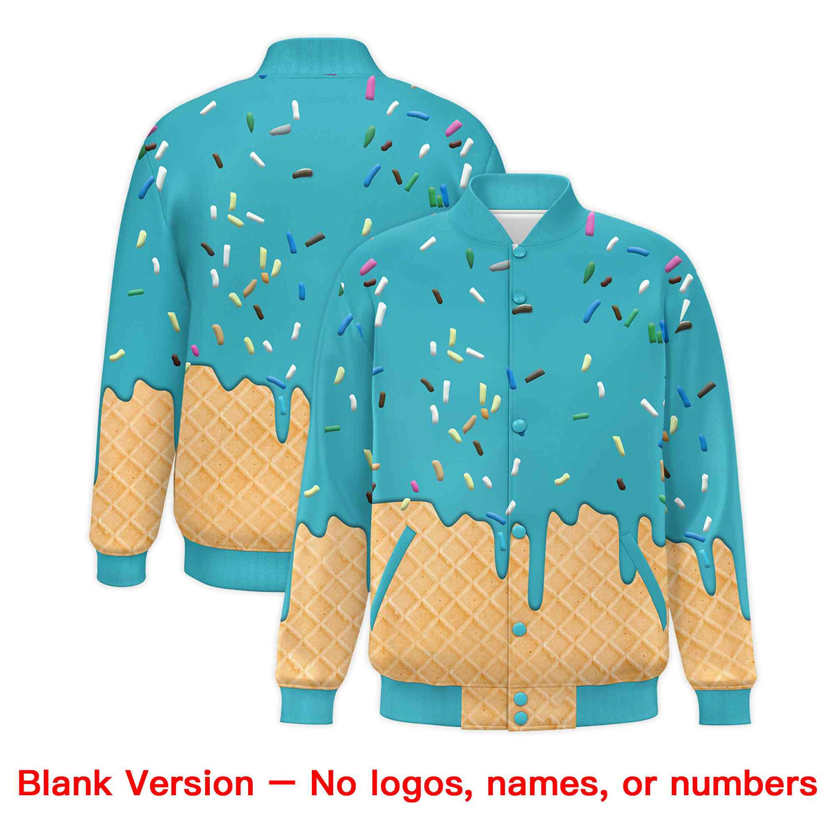 Custom Sky Blue Ice Cream Cone Graffiti Pattern Full-Snap Varsity Letterman Jackets| KXKSHOP