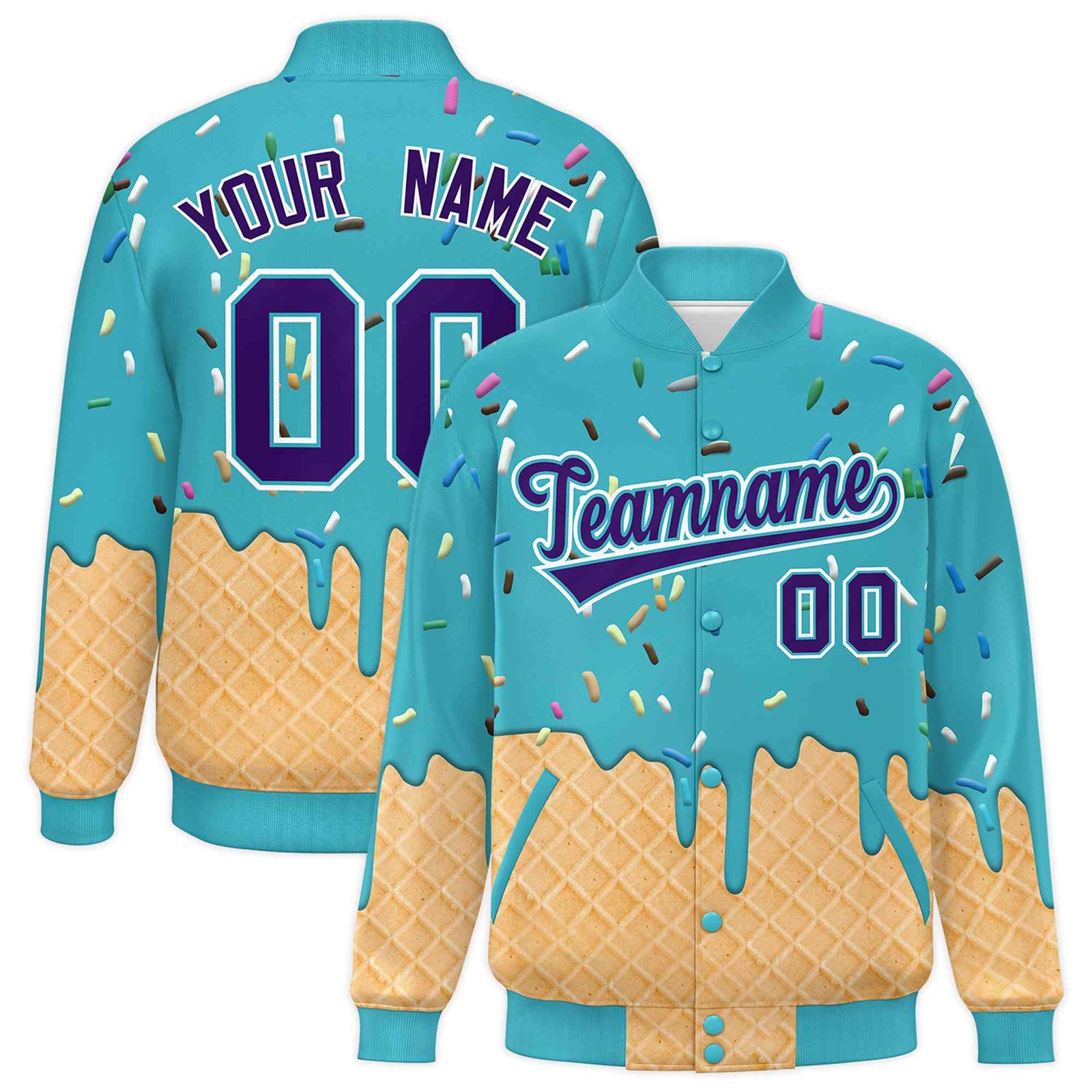 Custom Sky Blue Ice Cream Cone Graffiti Pattern Full-Snap Varsity Letterman Jackets| KXKSHOP