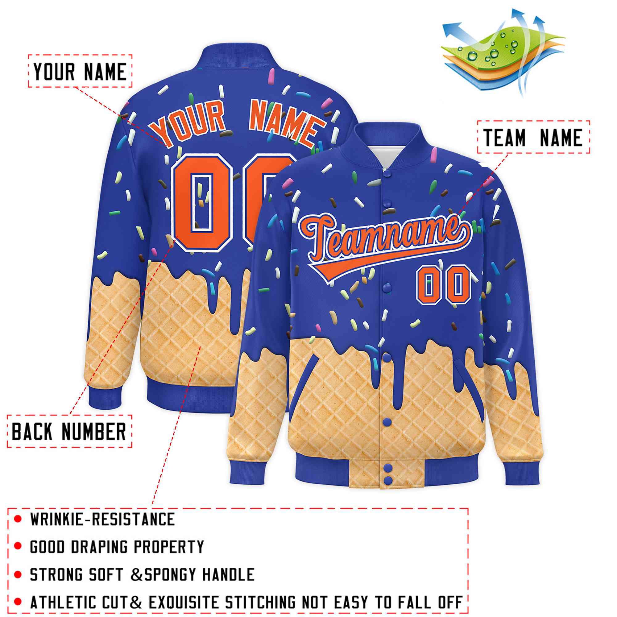 Custom Royal Blue Ice Cream Cone Graffiti Pattern Full-Snap Varsity Letterman Jackets| KXKSHOP