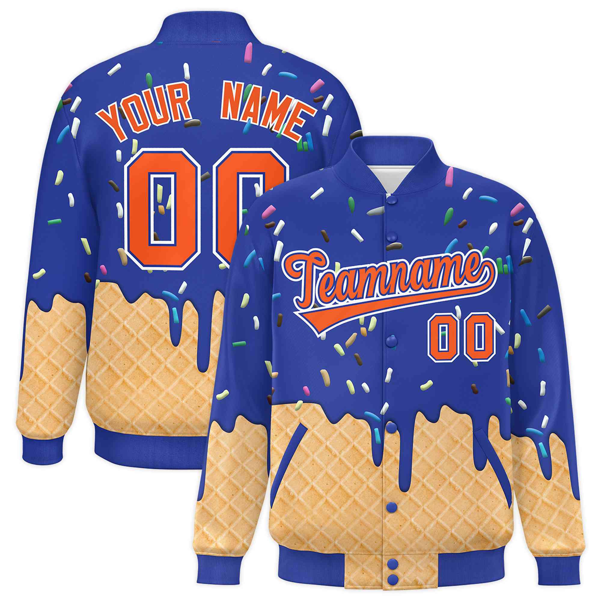 Custom Royal Blue Ice Cream Cone Graffiti Pattern Full-Snap Varsity Letterman Jackets| KXKSHOP